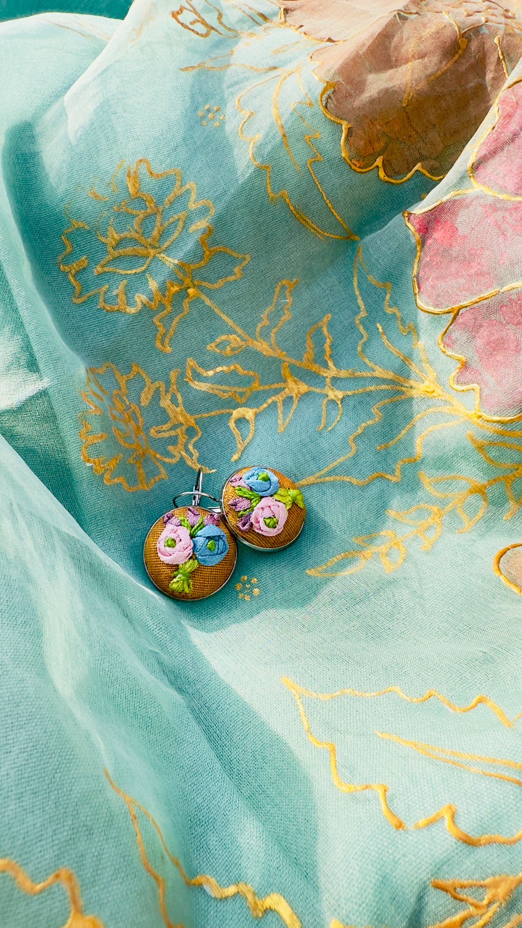 Gul-Kari Ribbon Embroidered 3D Floral Earrings - Mustard