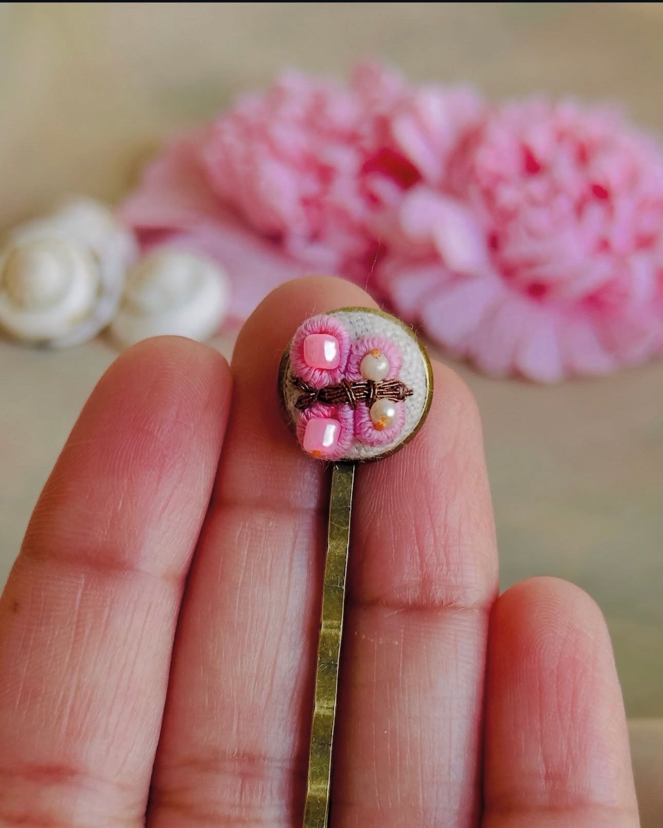 Hand-Embroidered Pink Butterfly Hair Pin - Vintage Brass