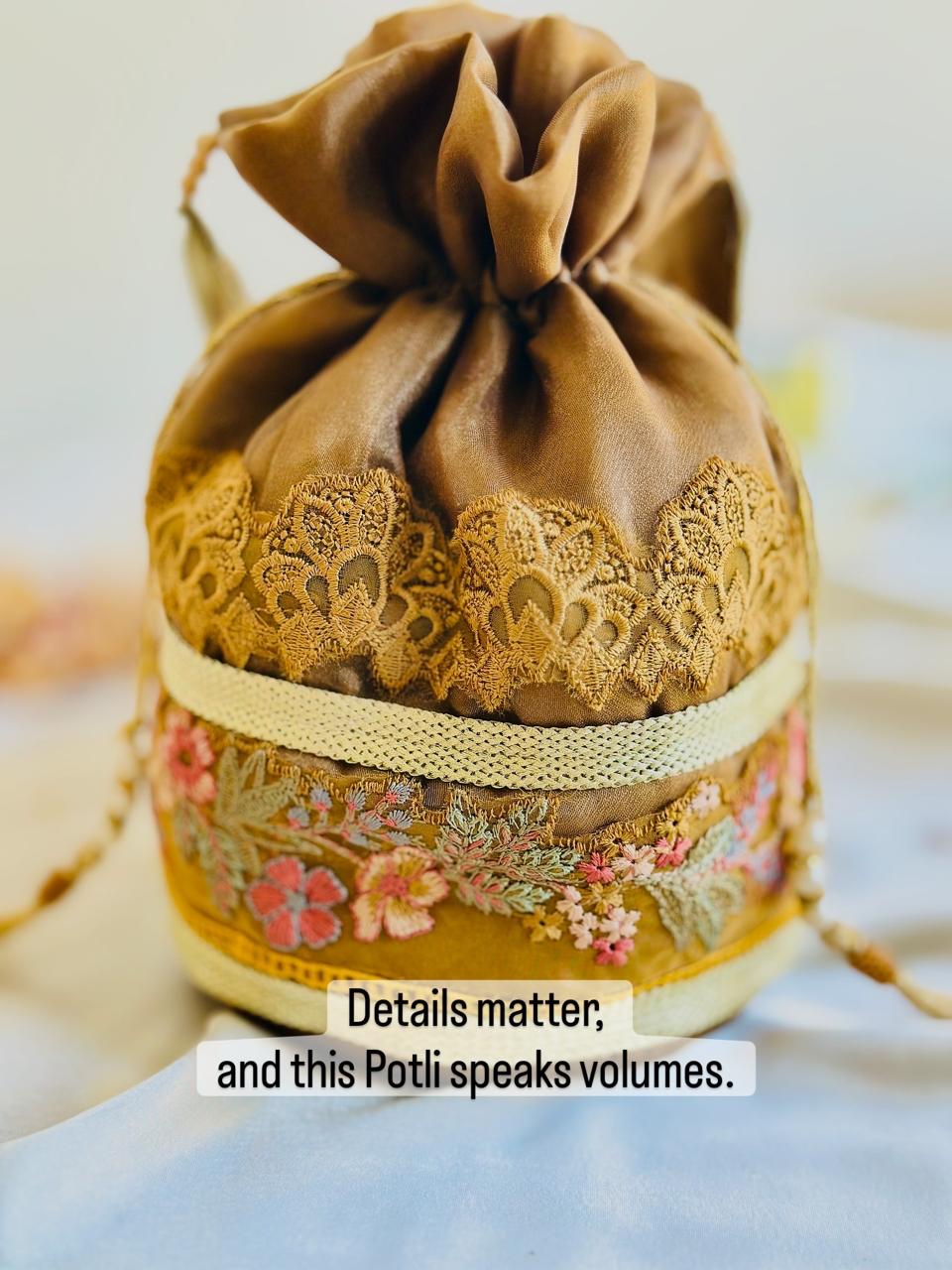 Nigaar Hand-Embellished Floral Embroidery Potli Bag – Antique Gold & Rose (Customizable)