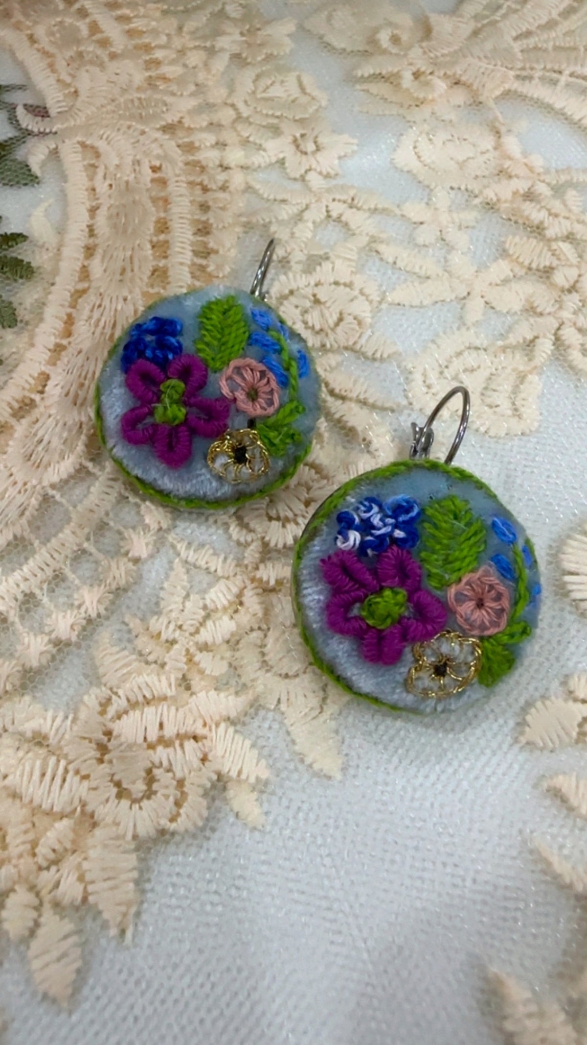 Meadow Wildflower Mosaic Hand-Embroidered Statement Earrings