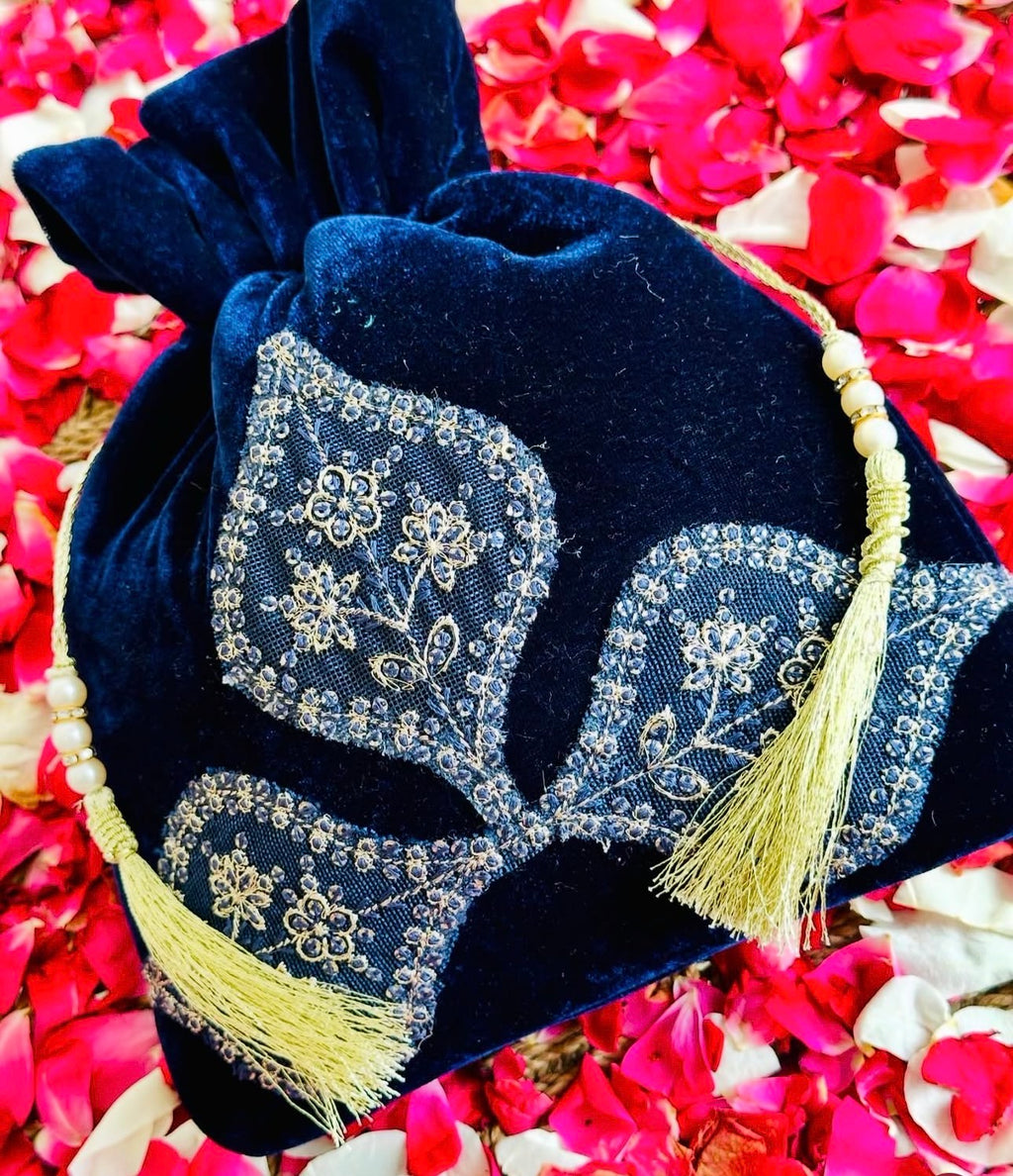 Zaarina: Navy Velvet Potli Bag with Hand-Embroidered Zari