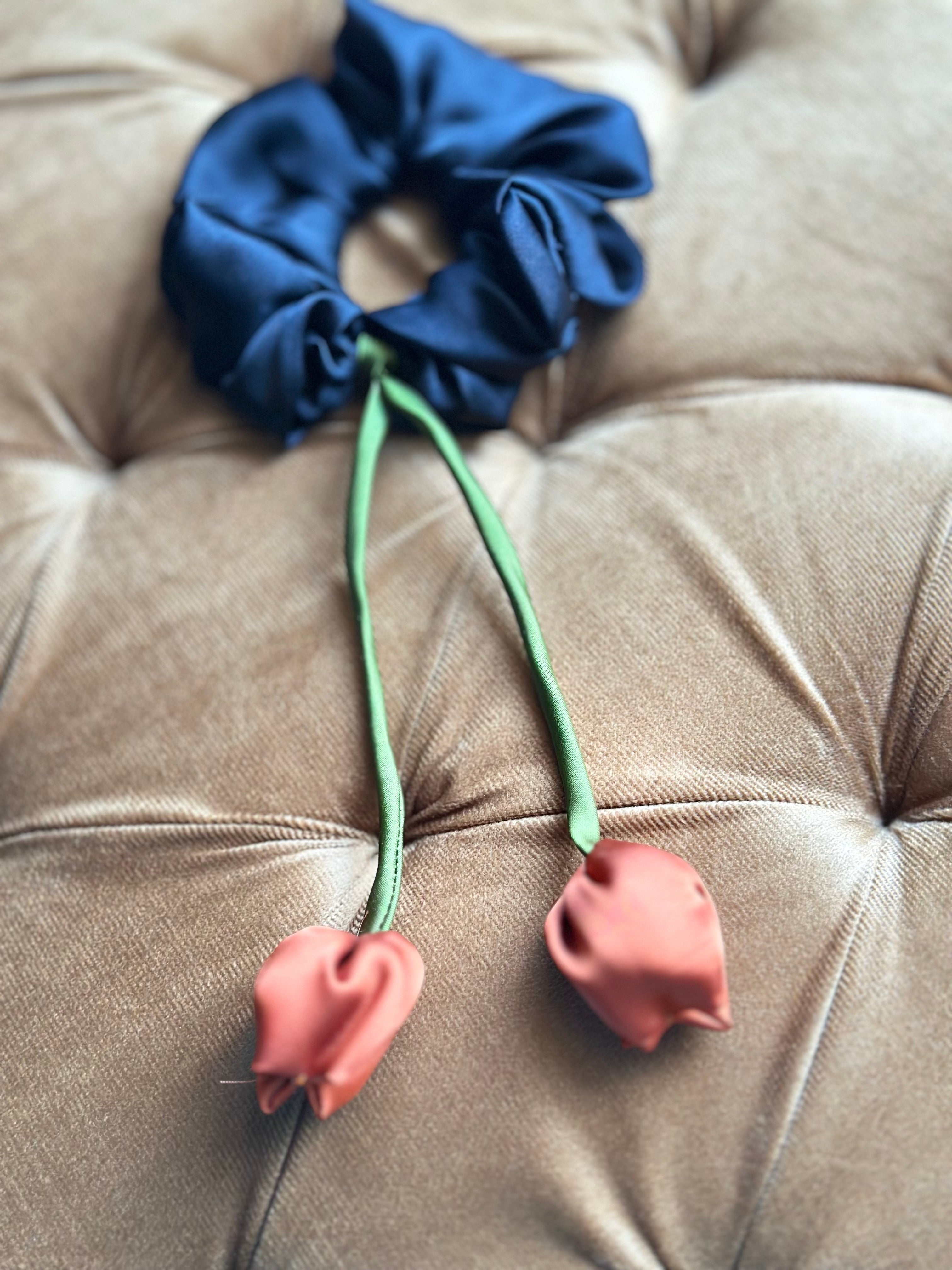 Midnight Noir Tulip Scrunchie - Handmade Floral Hair Accessory