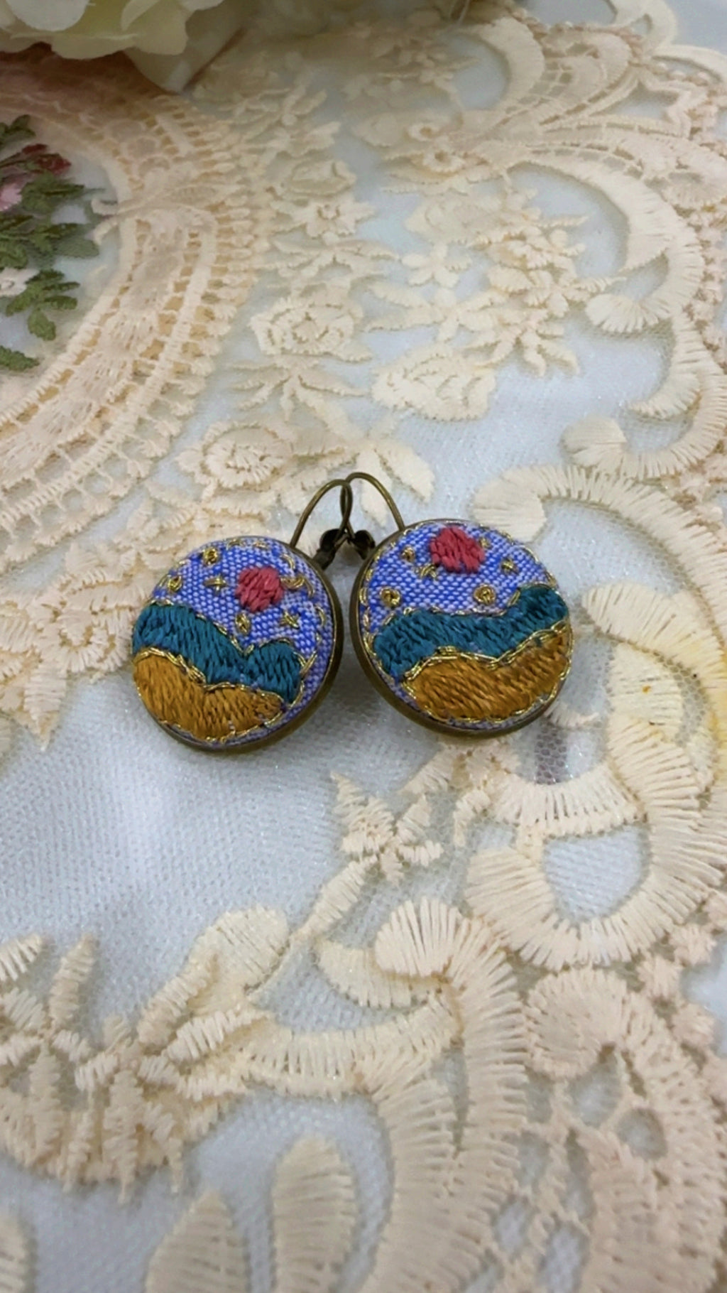 Golden Meadow Day Hand-Embroidered Landscape Statement Earrings
