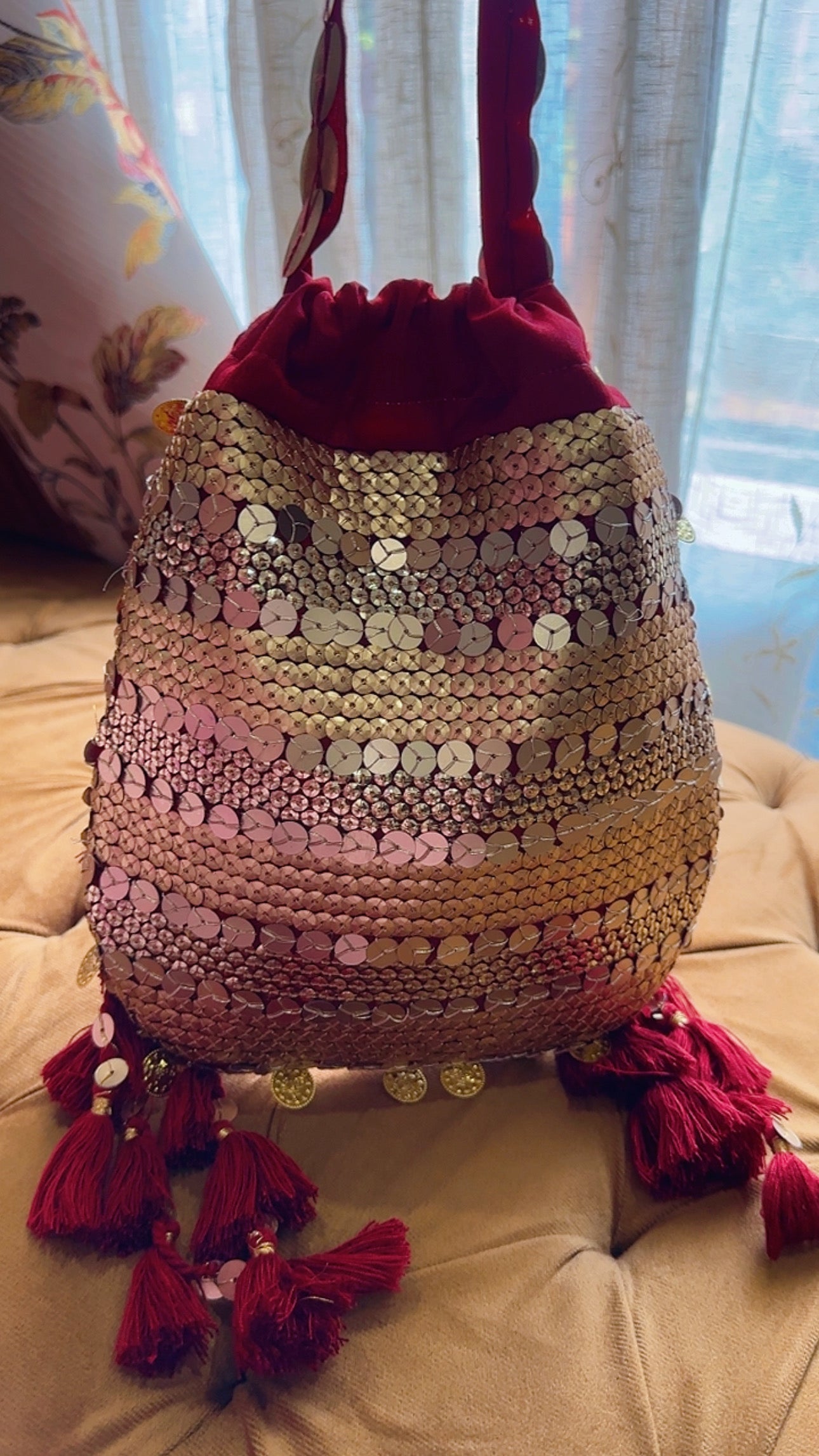 MehrMa Handcrafted Sequin Potli Bag – Whimsical Vintage Drawstring Bag with Coin Embellishments and Tassels