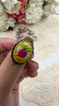 Vintage Rose Garden Hand-Embroidered Floral Statement Ring
