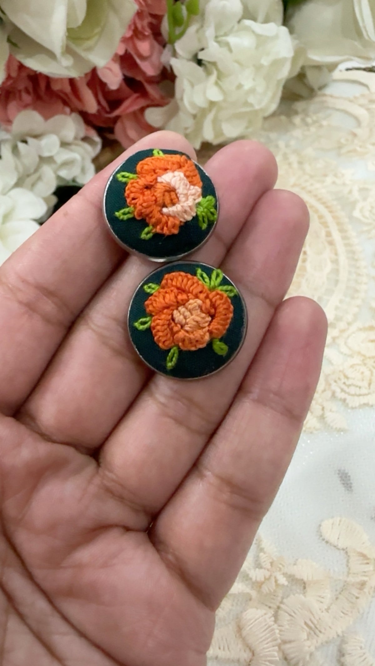 Autumn Rust Blossom Hand-Embroidered Floral Statement Earrings
