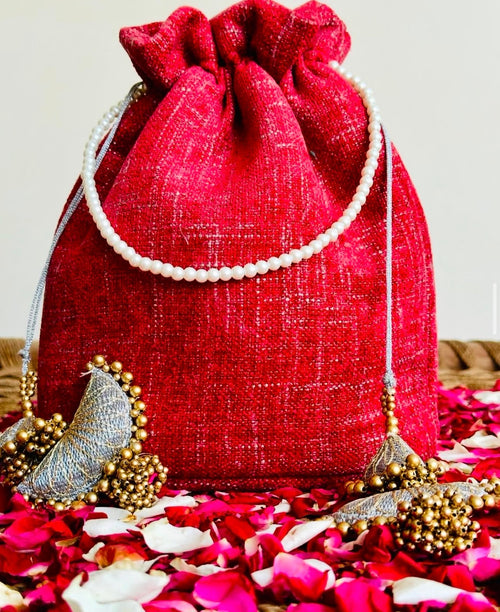 Gulaab | Crimson Textured Velvet Potli with Pearl Muse Strap