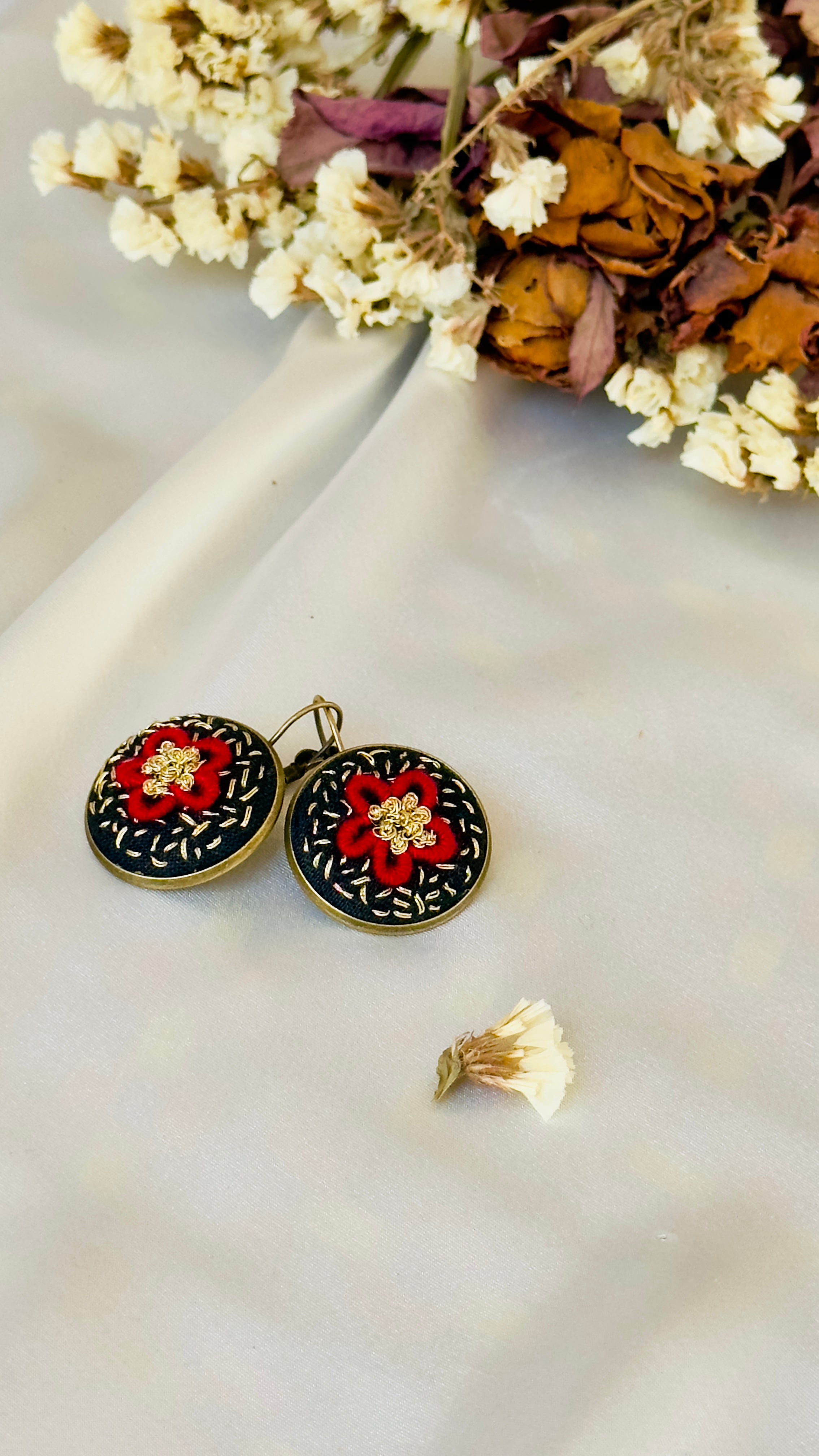 Red & Gold Royal Floral Hand-Embroidered Drop Earrings