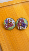 Mauve Floral Hand-Embroidered Stud Earrings - Pari-Vesh