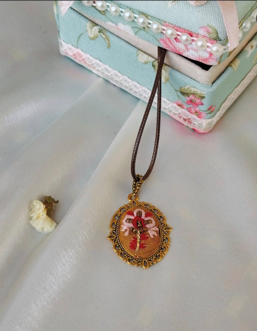 Ruby Elfin Whimsical Hand-Embroidered Floral Pendant