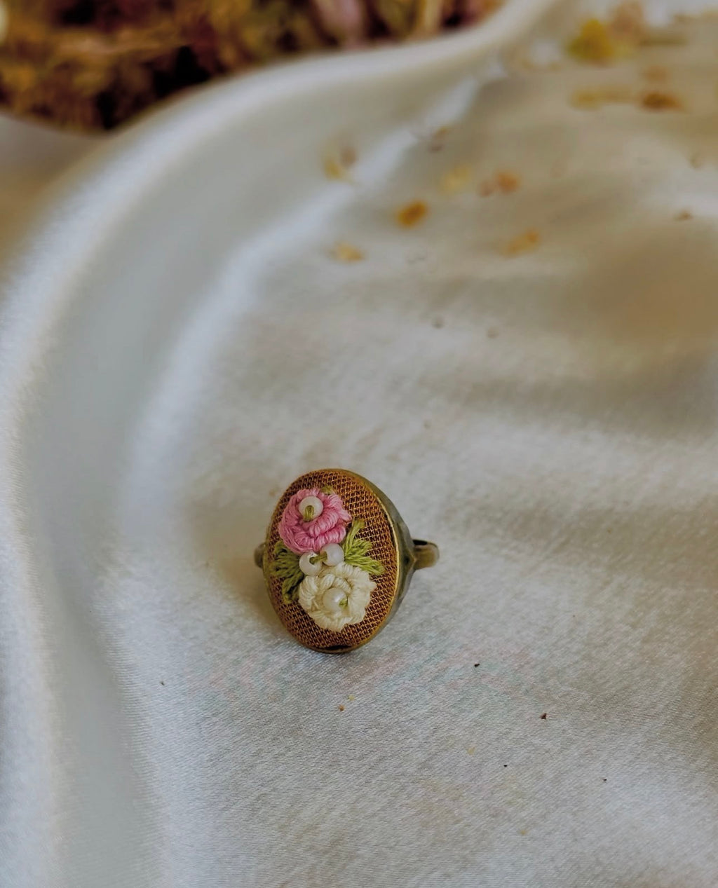 Hand-Embroidered Floral Ring - Vintage Style Brass Jewelry