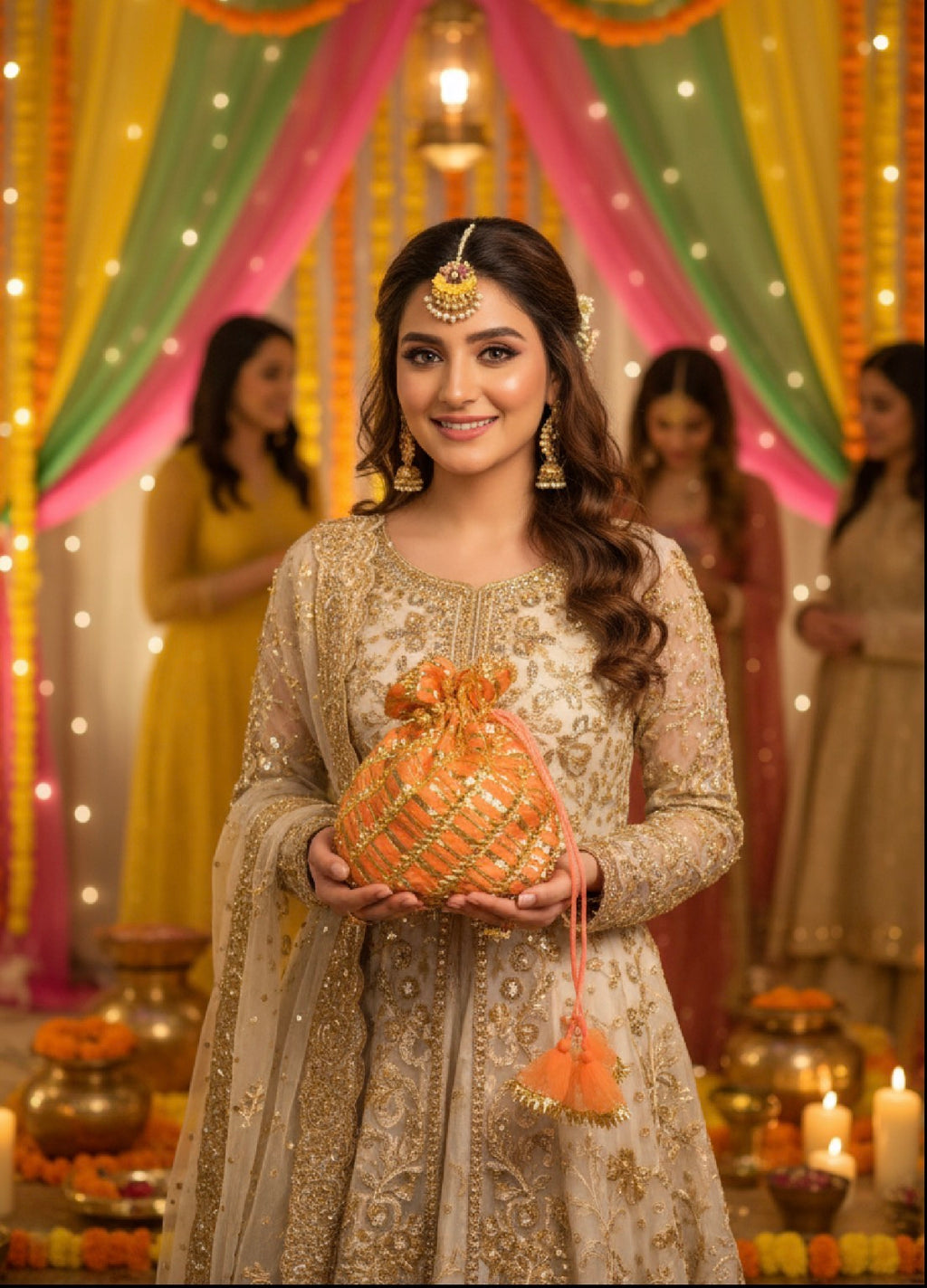 Zar Bano: Mustard Potli Bag with Traditional Gold Gota Work