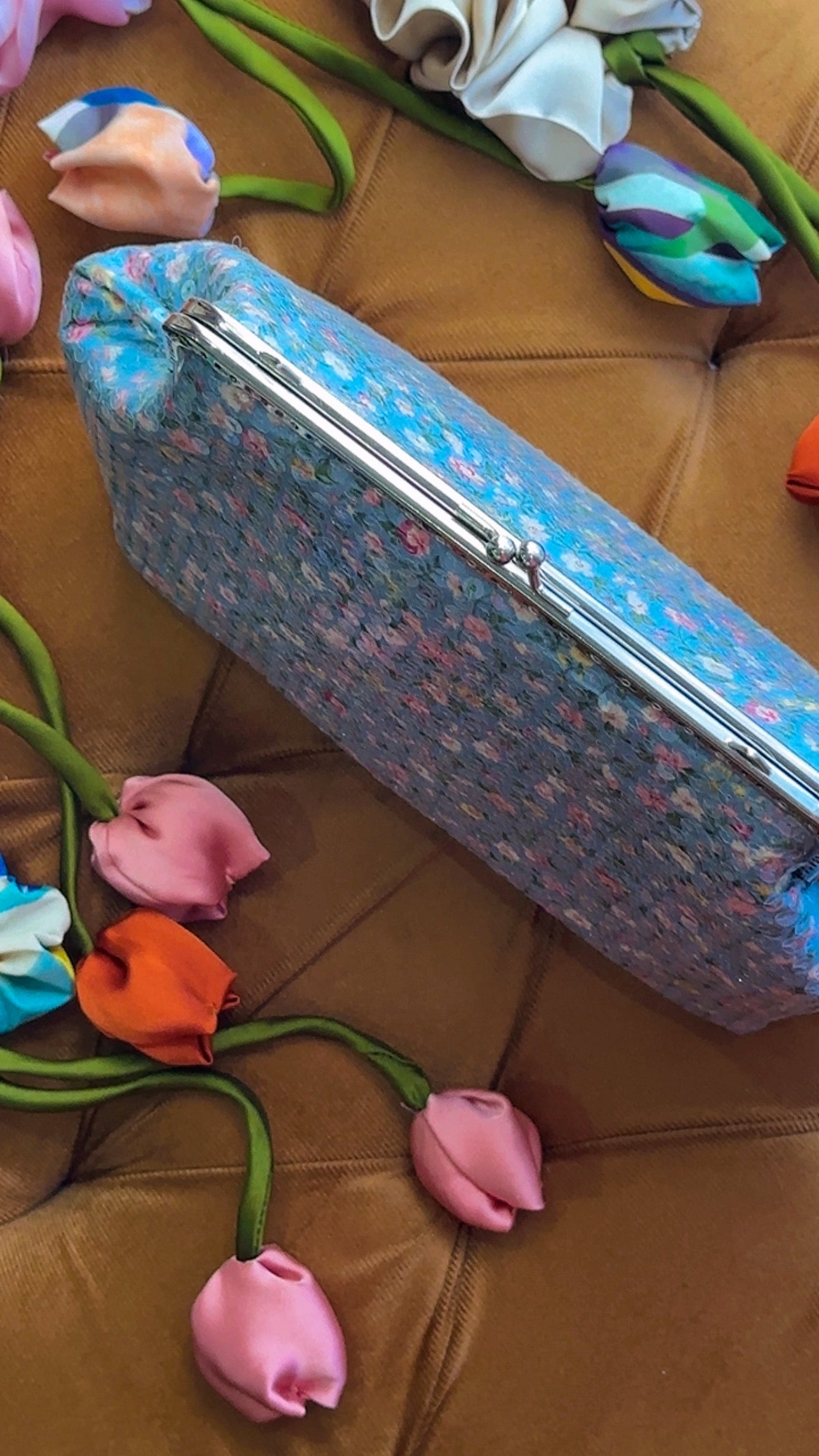 Azure Meadow: Handmade Floral Sequin Frame Clutch Bag