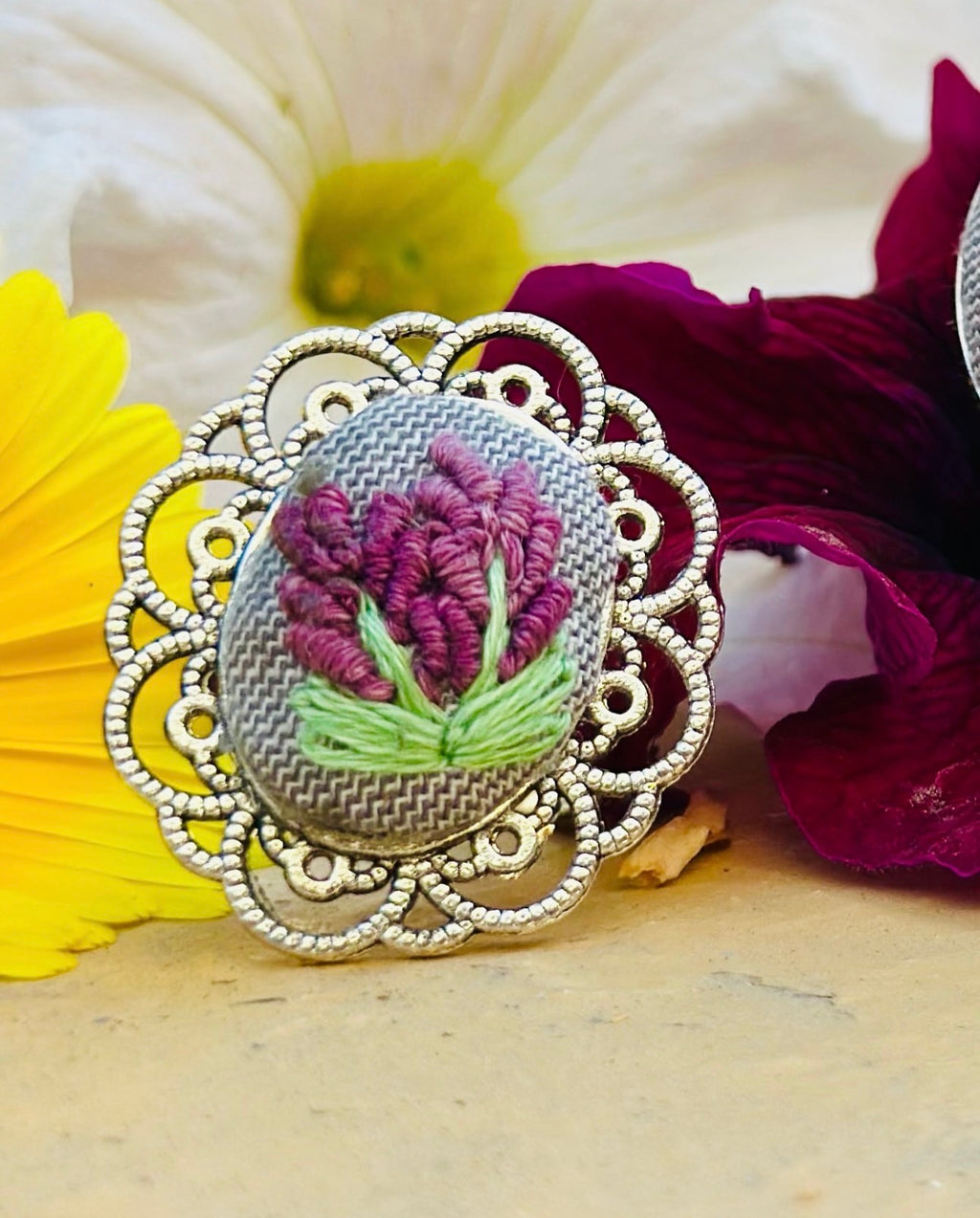 Purple Floral Hand-Embroidered Ring - Silver Filigree Jewelry