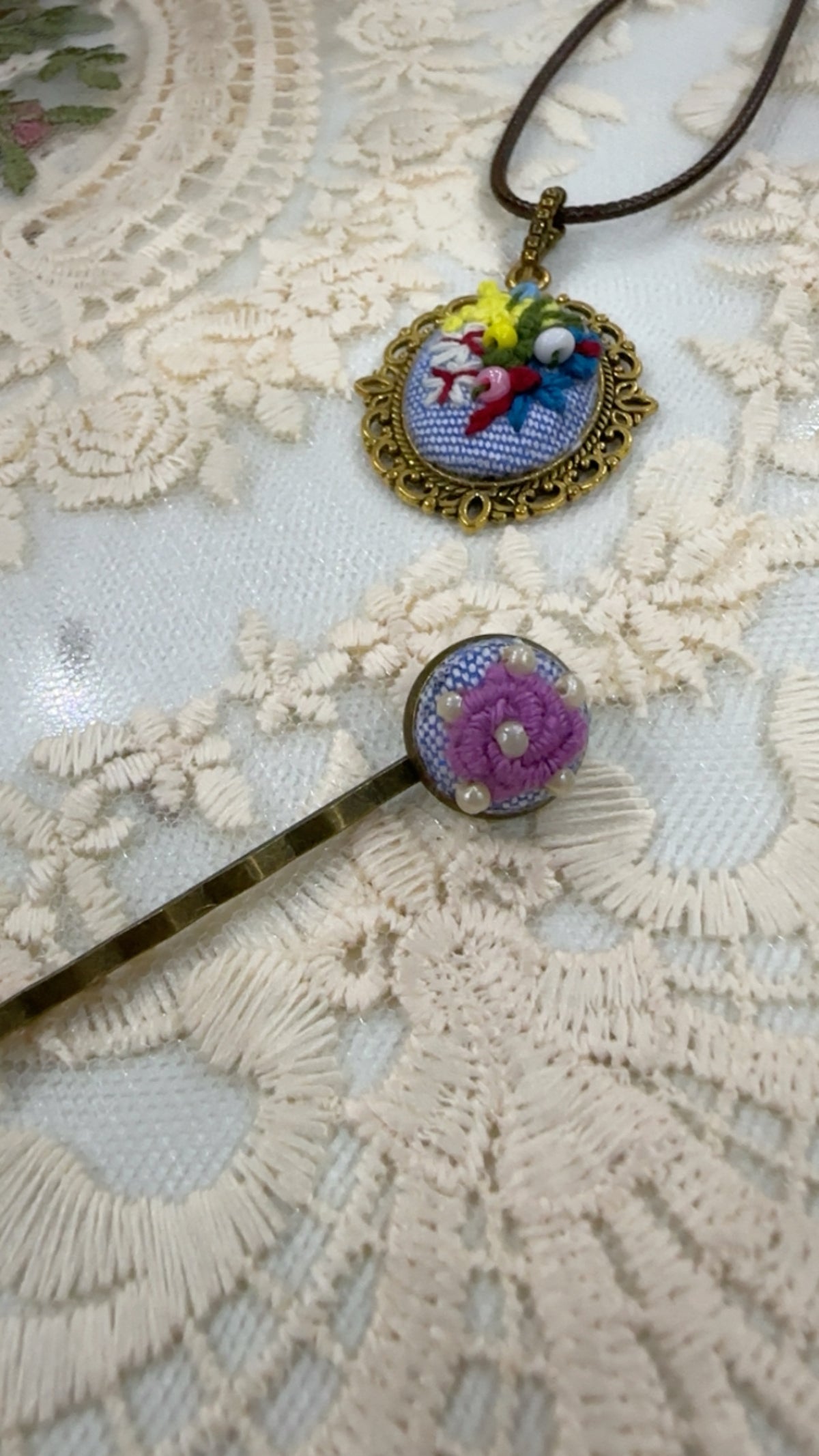 Meadow Wildflower Mosaic Beaded Hand-Embroidered Pendant Necklace