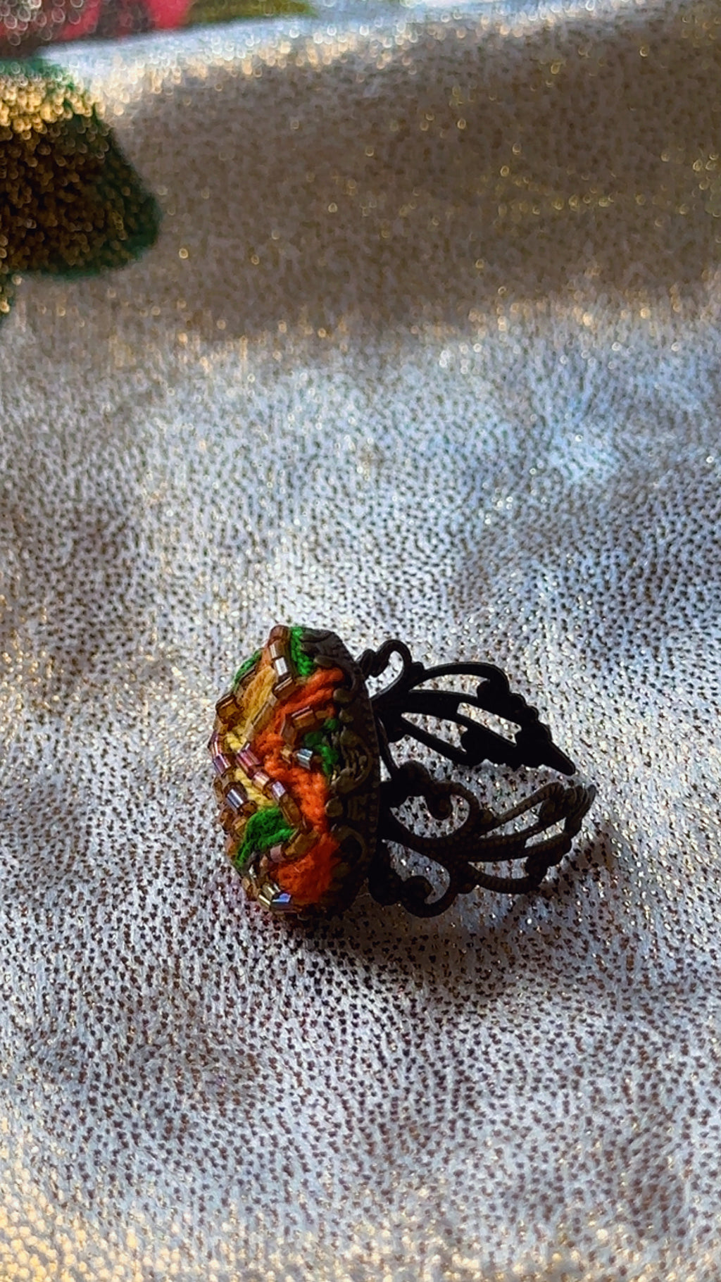 Vintage Filigree Hand-Embroidered "Sunset Zigzag" Ring