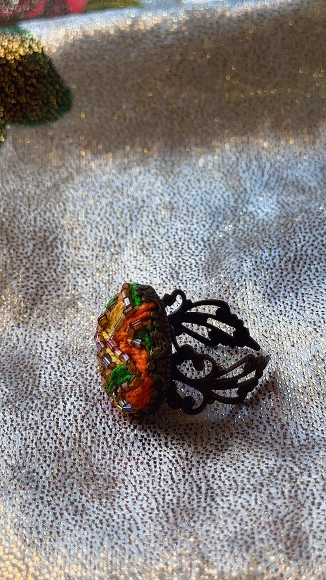 Vintage Filigree Hand-Embroidered "Sunset Zigzag" Ring