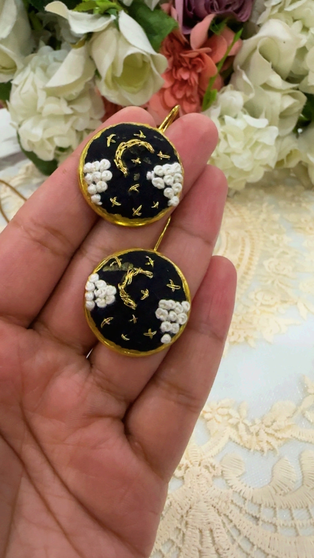 Midnight Stardust Hand-Embroidered Celestial Statement Earrings