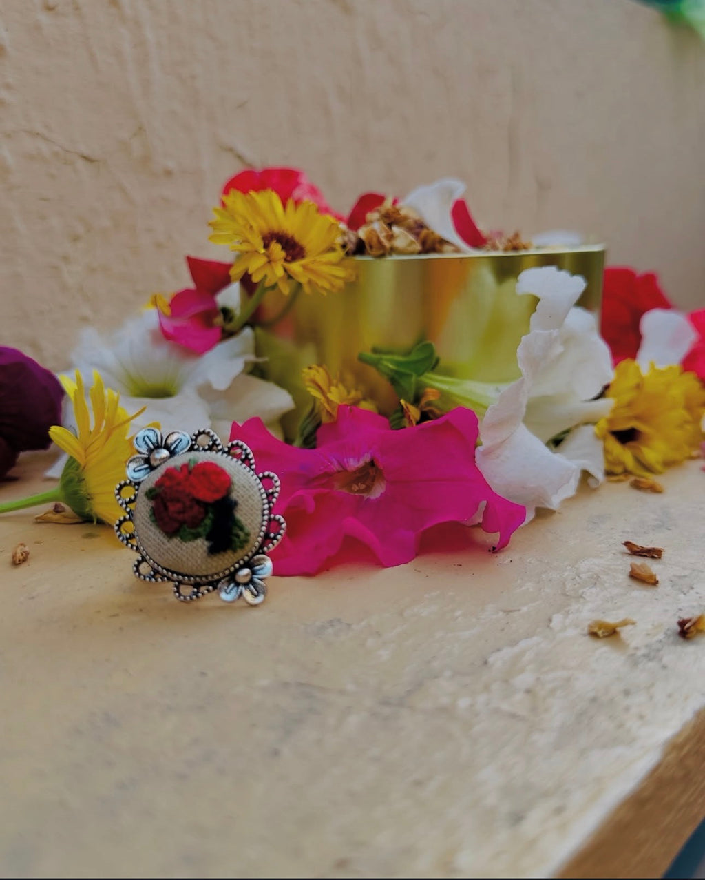 Hand-Embroidered Red Rose Bouquet Silver Statement Ring