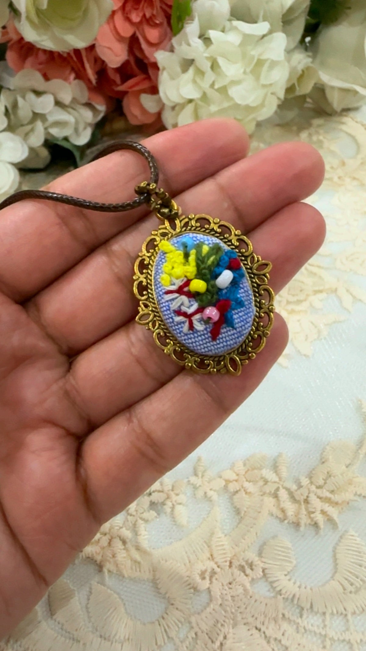 Meadow Wildflower Mosaic Beaded Hand-Embroidered Pendant Necklace