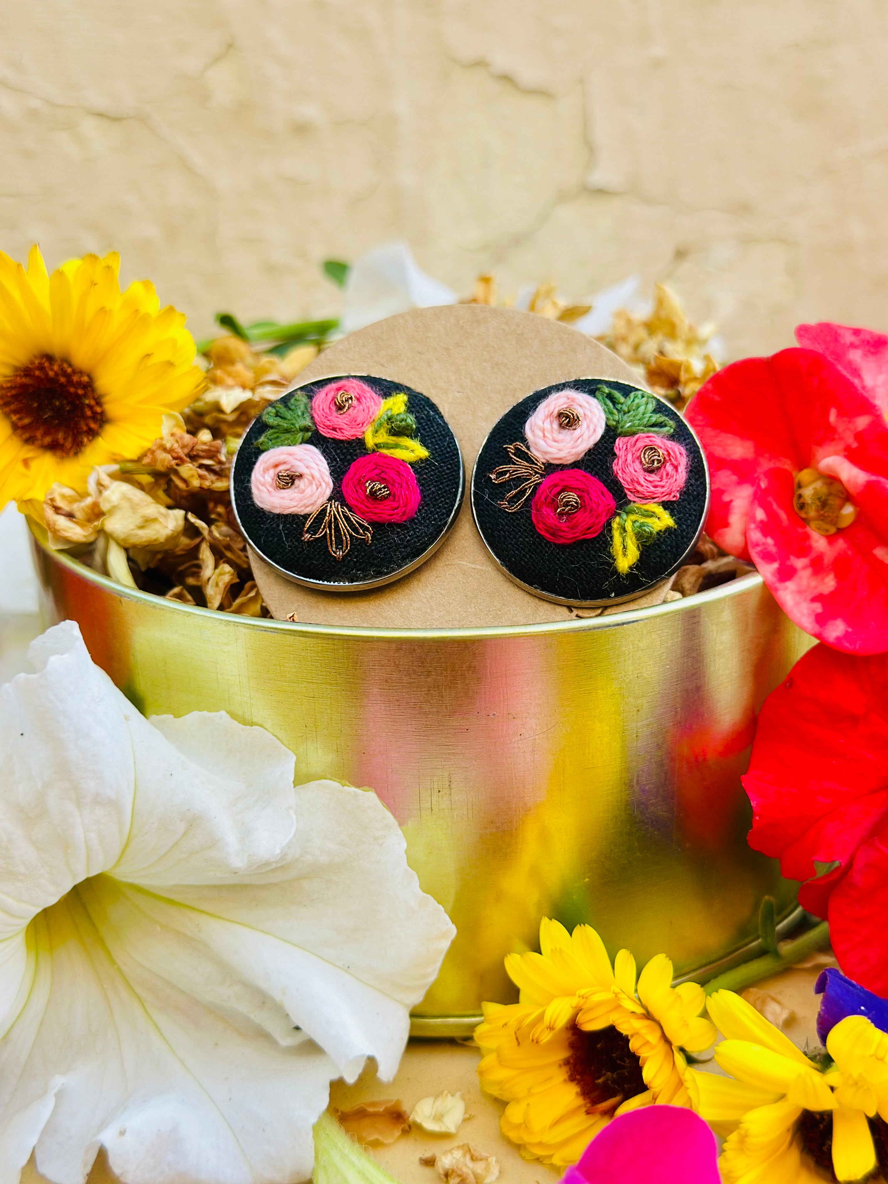 Midnight Rose Hand-Embroidered Floral Stud Earrings - Roshni
