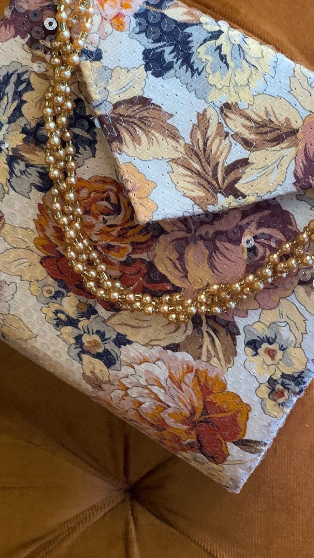Golden Harvest: Vintage Floral Sequin Bag with Beaded Handle