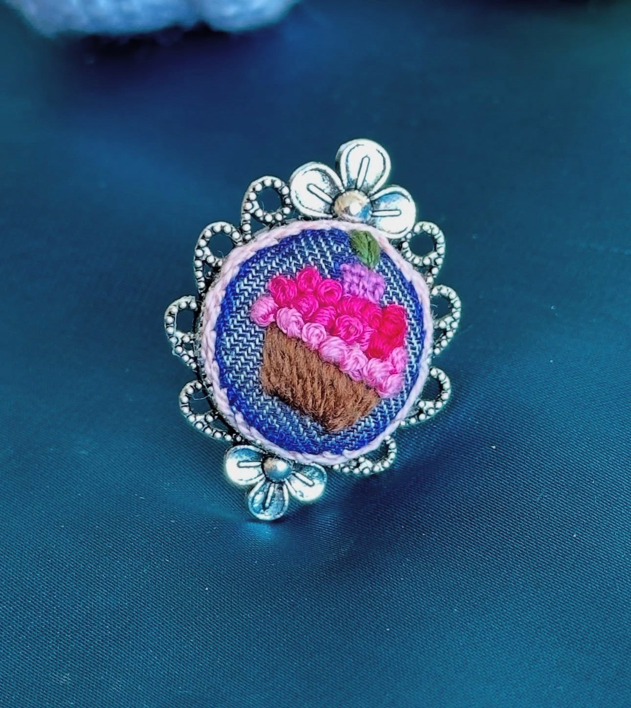 Hand-Embroidered Pink Cupcake Denim Statement Ring - Silver