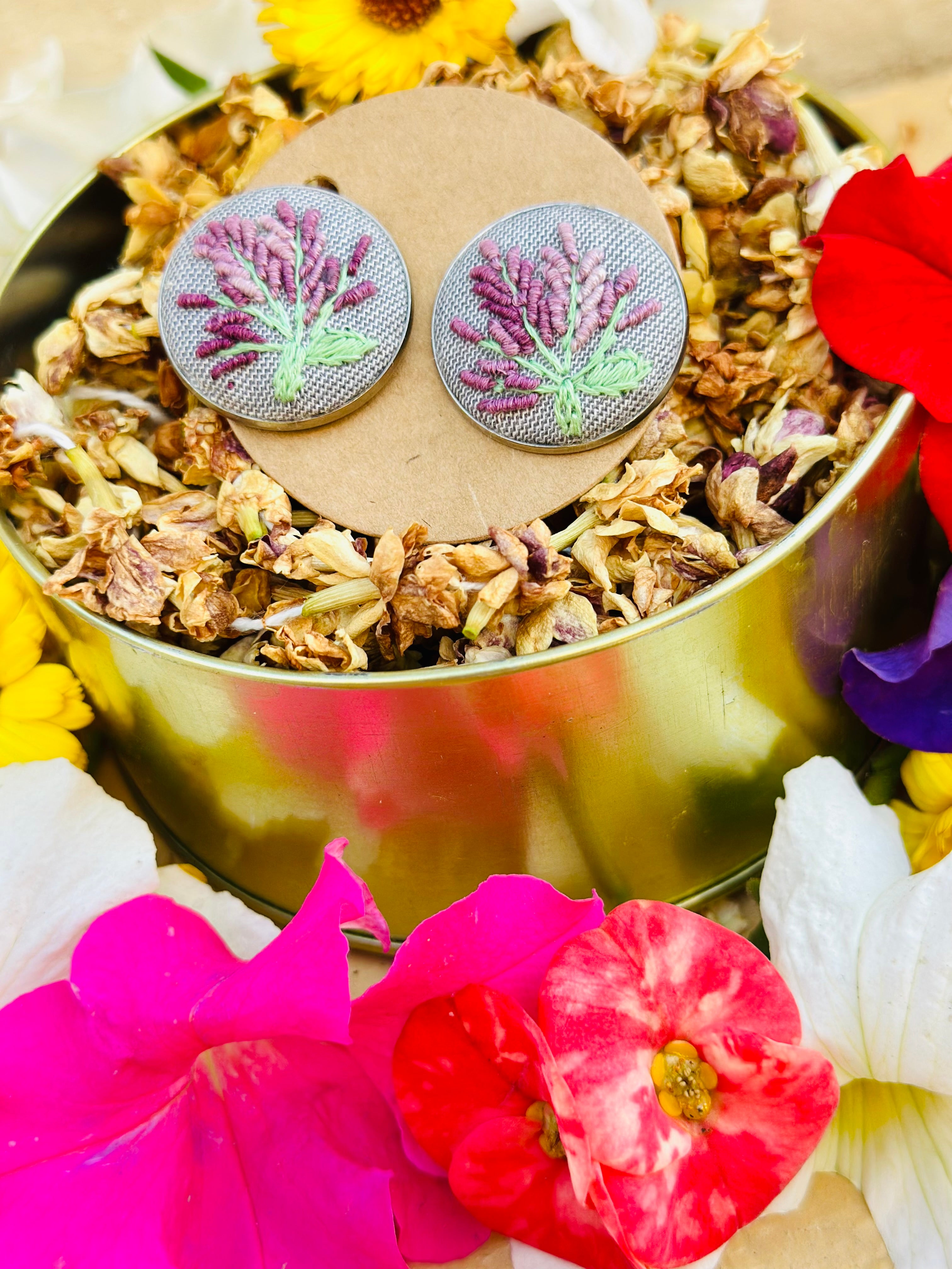 Lavender Bloom Hand-Embroidered Floral Stud Earrings - Baagh