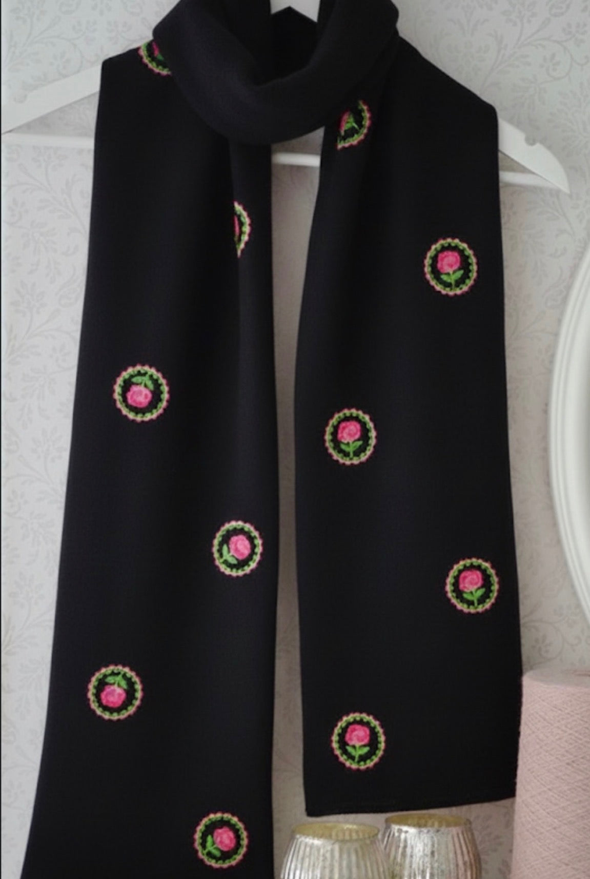 Hand-Embroidered Rose Frame Scarf | Pink & Green Floral Art