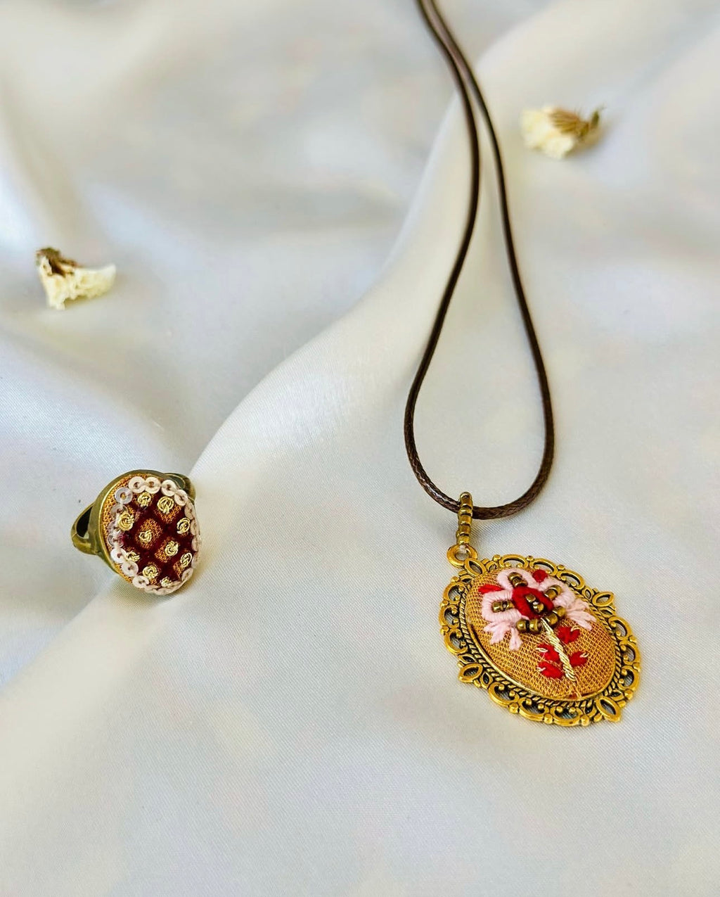 Hand-Embroidered Maroon & Gold Vintage Style Statement Ring