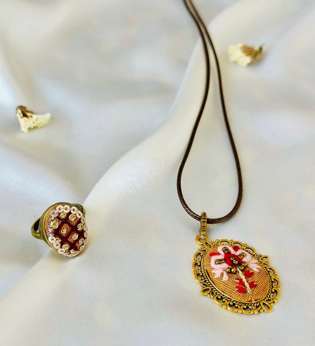 Ruby Elfin Whimsical Hand-Embroidered Floral Pendant