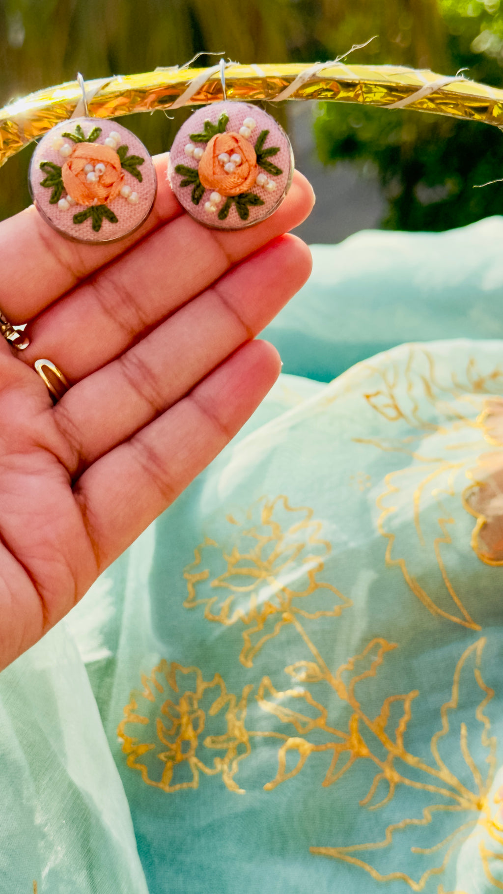 Peach Blossom Hand-Embroidered Silk Ribbon Earrings