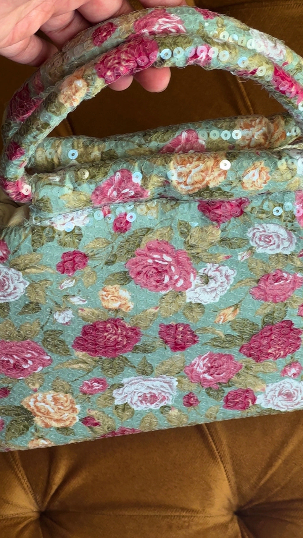 Bloom Box: Handmade Sage Floral Bag with Sequin Ring Handle