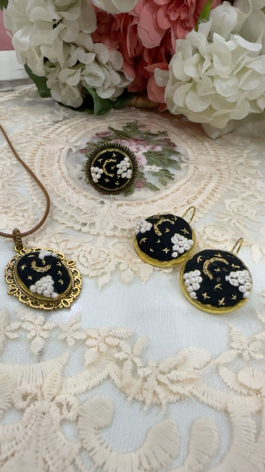 Midnight Stardust Hand-Embroidered Celestial Pendant Necklace