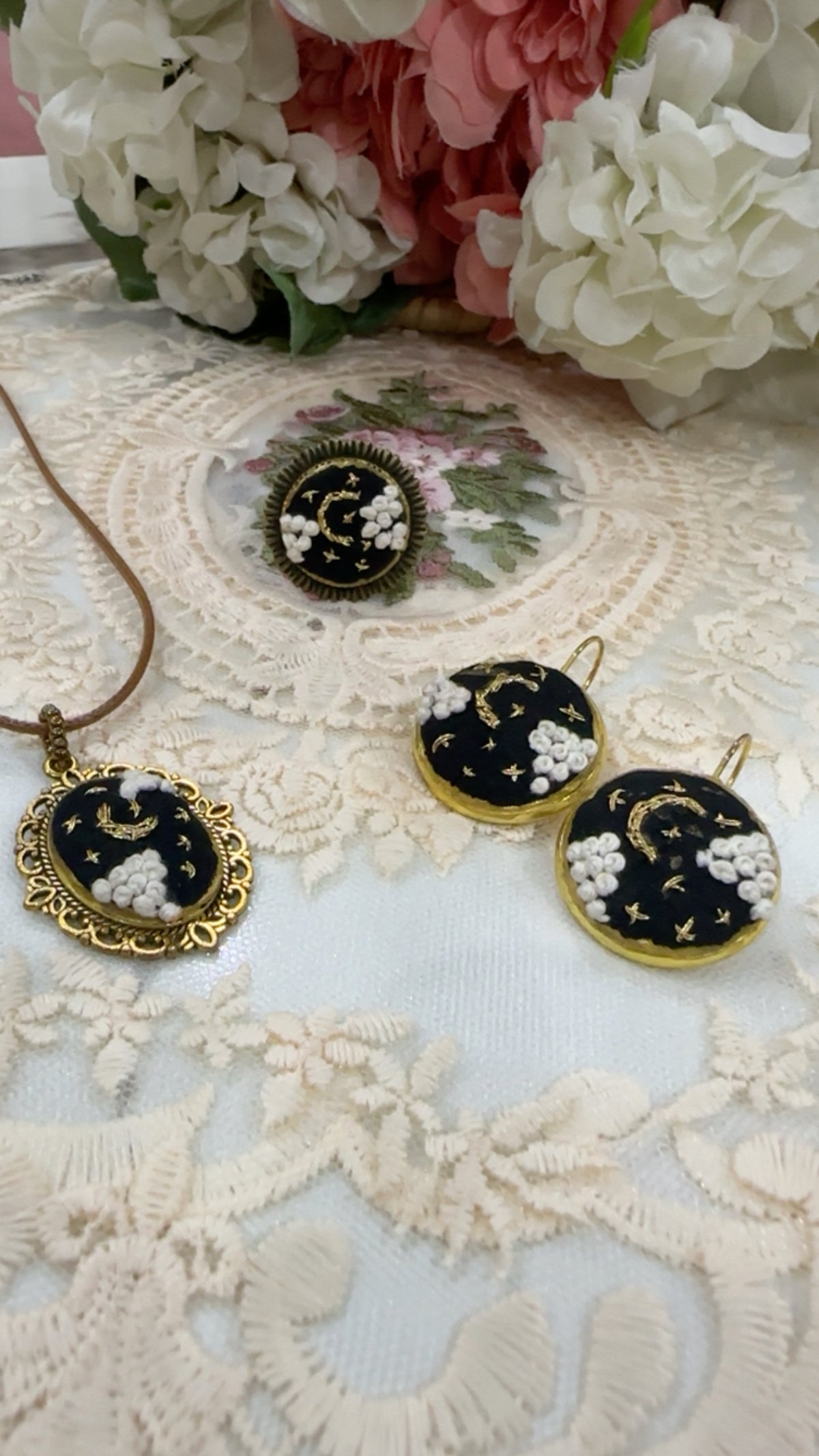 Midnight Stardust Hand-Embroidered Celestial Pendant Necklace