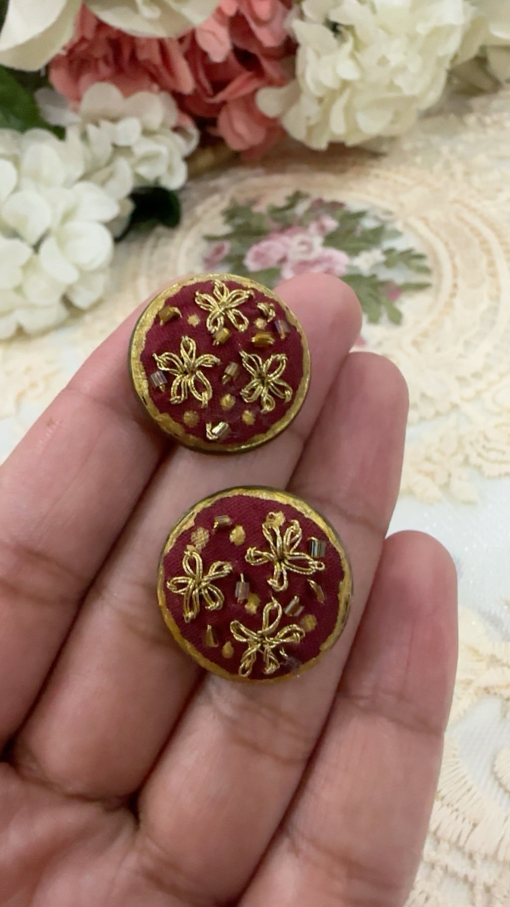 Crimson Golden Starburst Hand-Embroidered Festive Statement Earrings