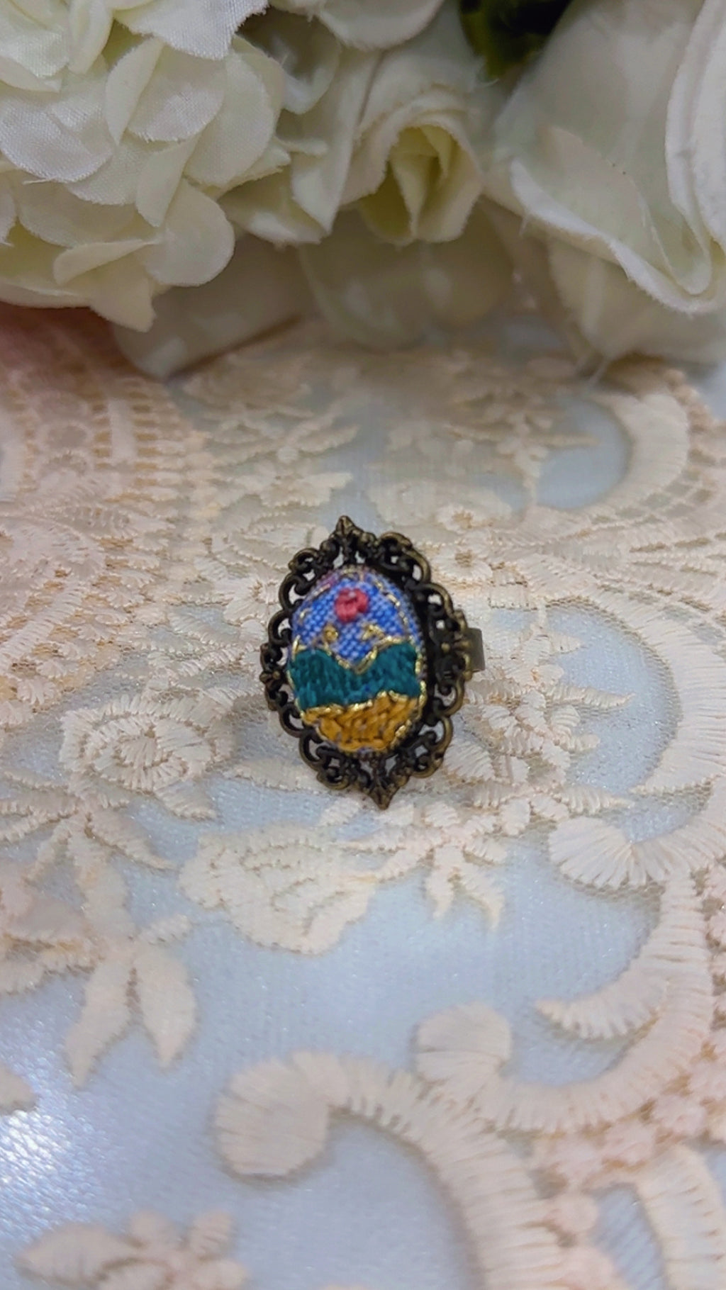 Golden Meadow Day Hand-Embroidered Landscape Statement Ring