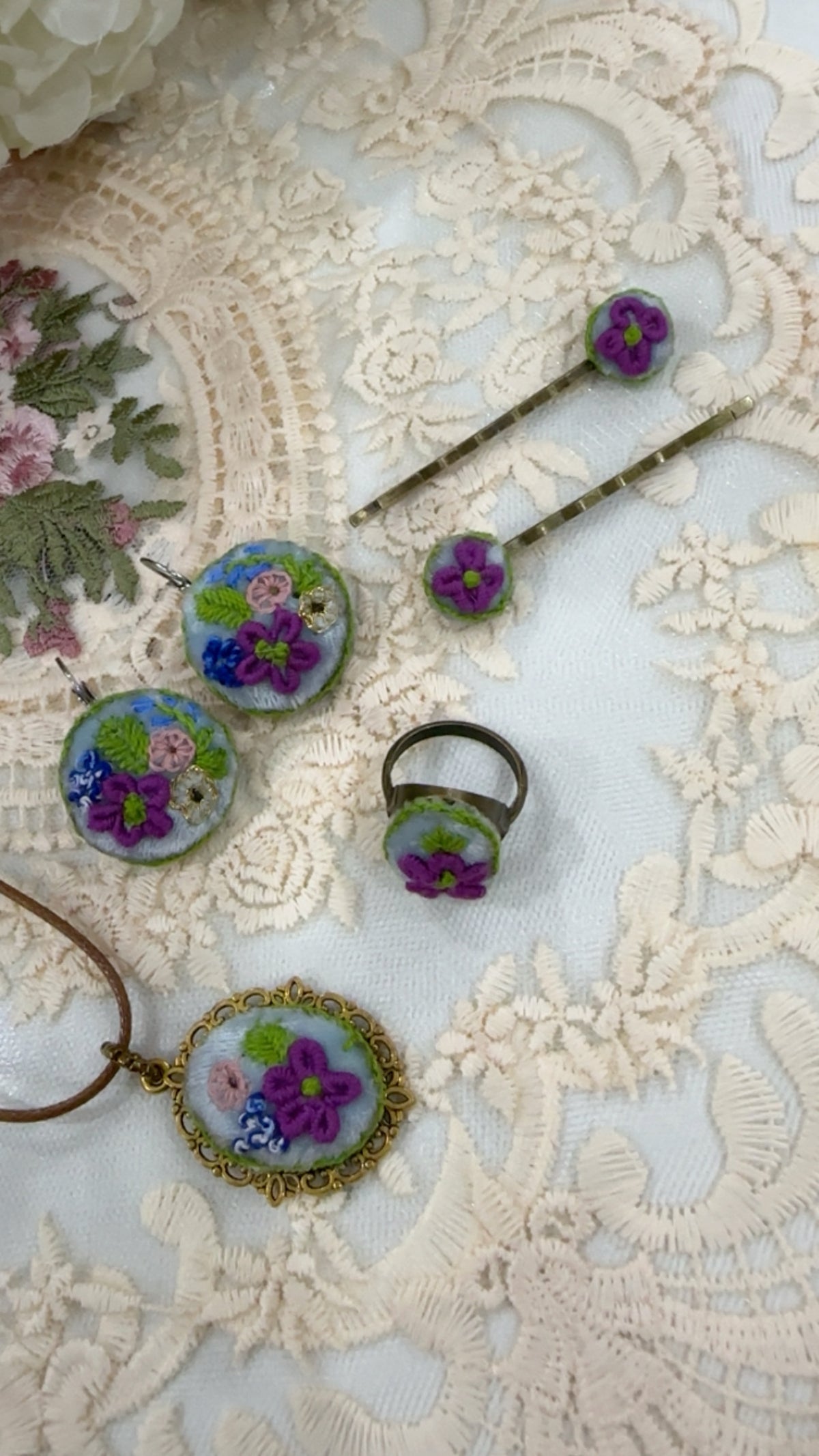 Azure Blossom Garden Hand-Embroidered Floral Pendant Necklace