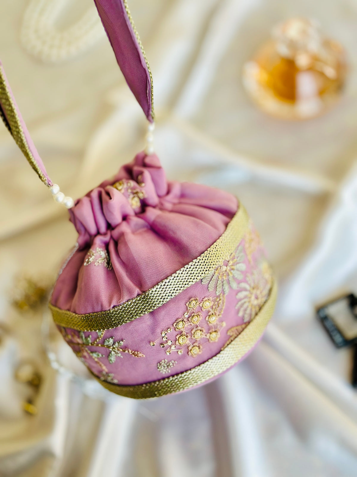 Summan Handcrafted Lilac Embroidered Potli Bag | Silk Bridal & Festive Clutch