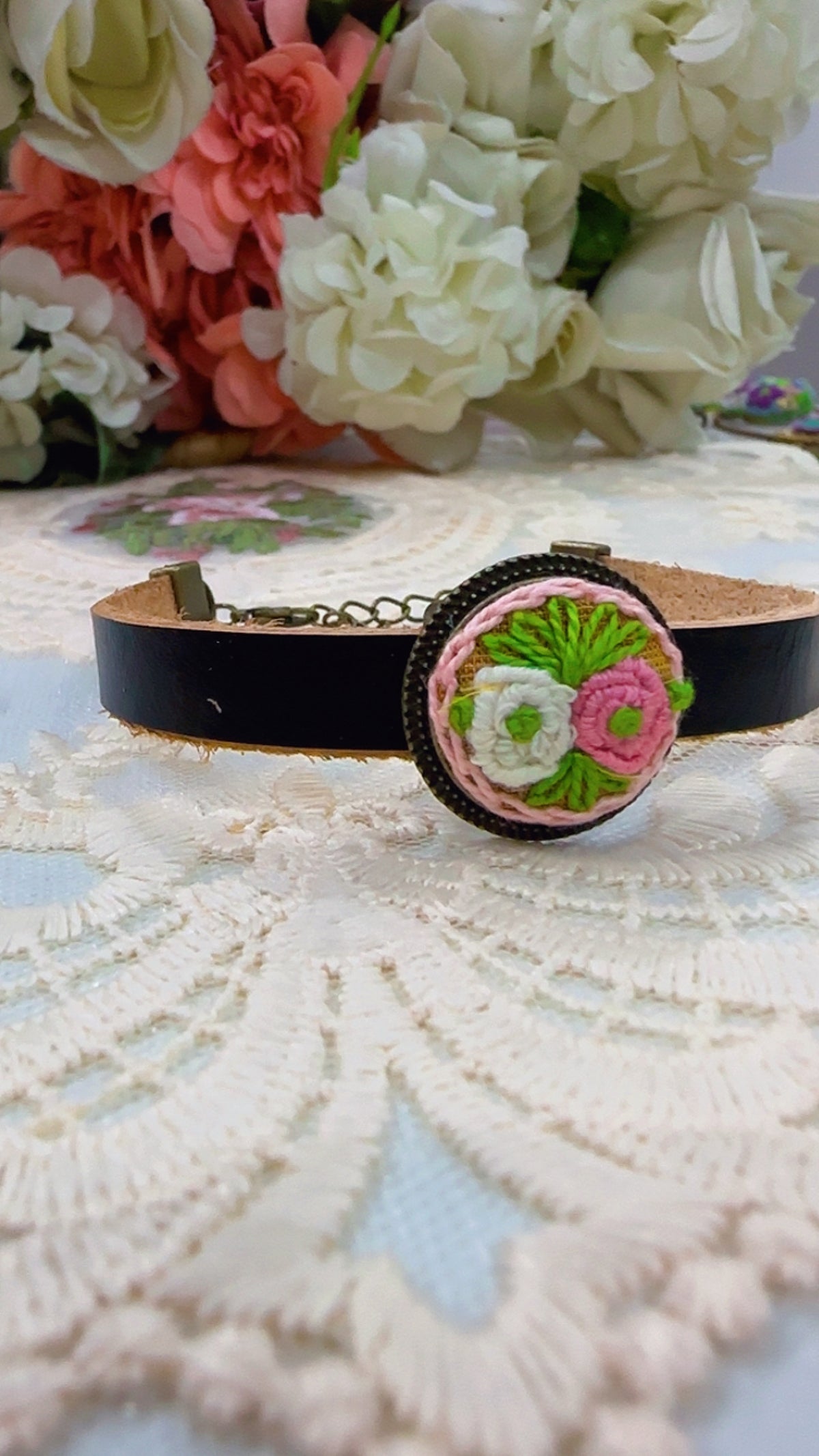 Gul-e-Mehru Hand-Embroidered Leather Bracelet | Rustic Romance Series