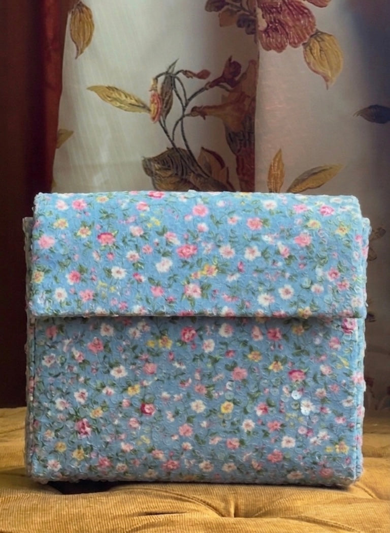 Azure Blossom Envelope – Hand-Embroidered Sky Floral Clutch