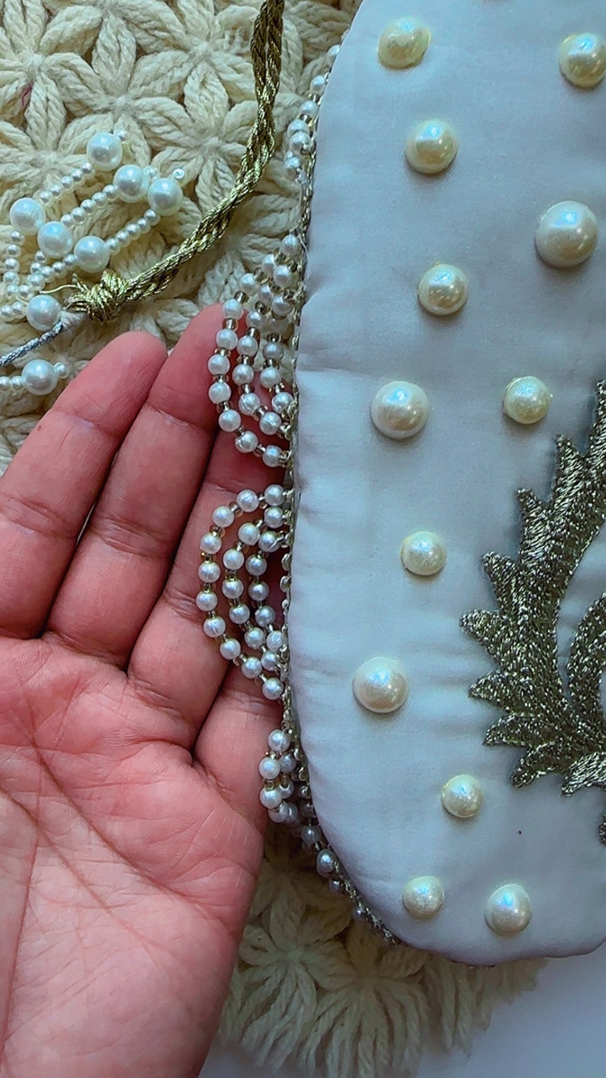 Ivory Heirloom Hand-Embroidered Pearl Potli Bag | Bridal & Wedding Wristlet