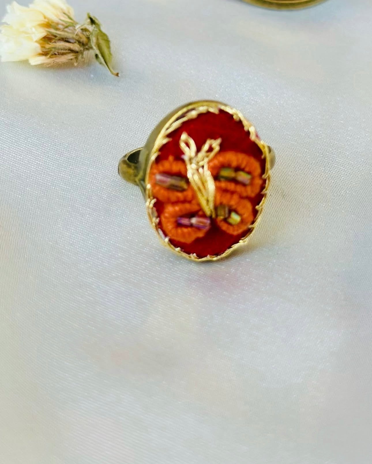 Hand-Embroidered Rust & Gold Beaded Vintage Statement Ring