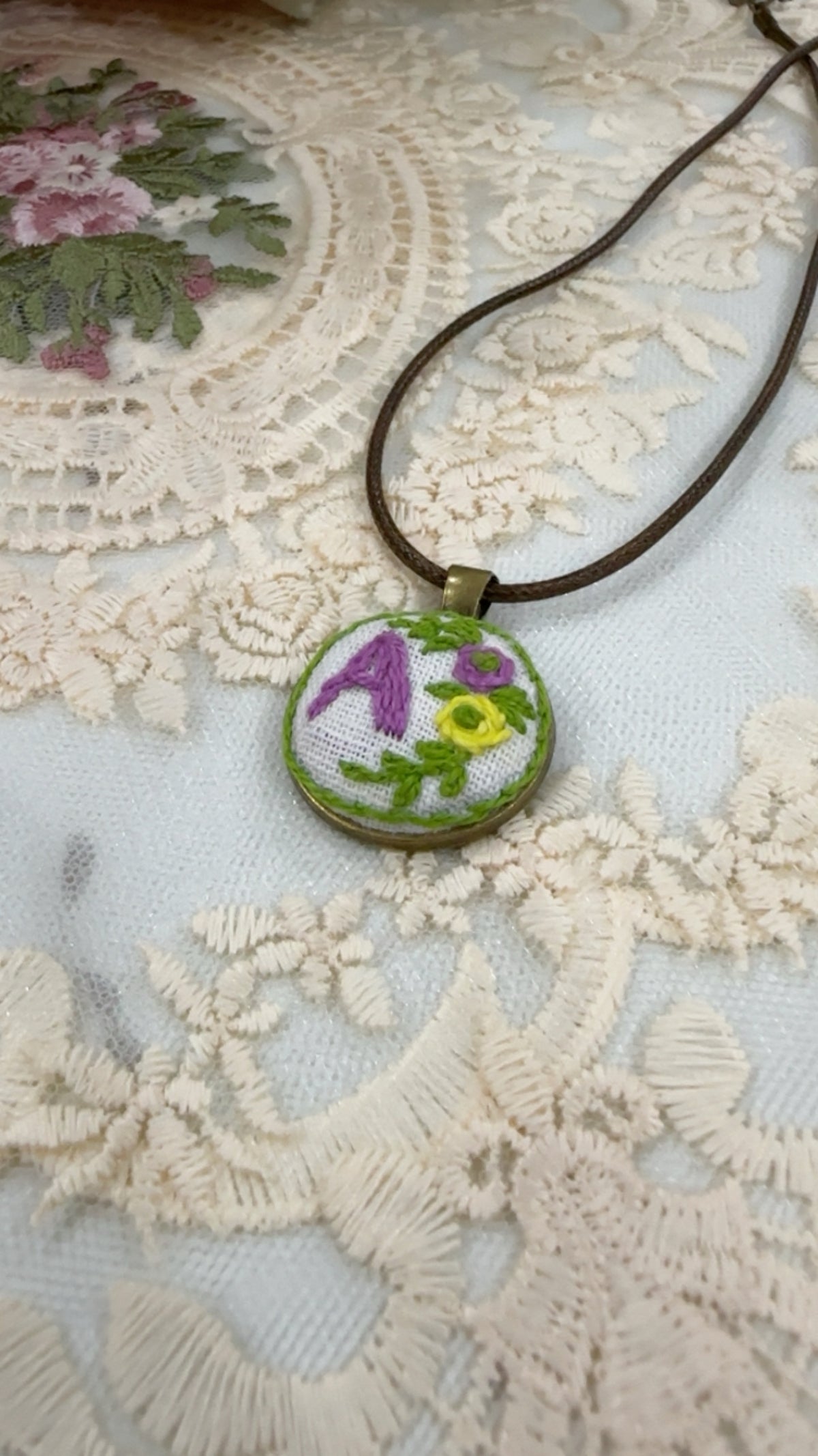 Botanical Monogram Custom Hand-Embroidered Initial Pendant Necklace