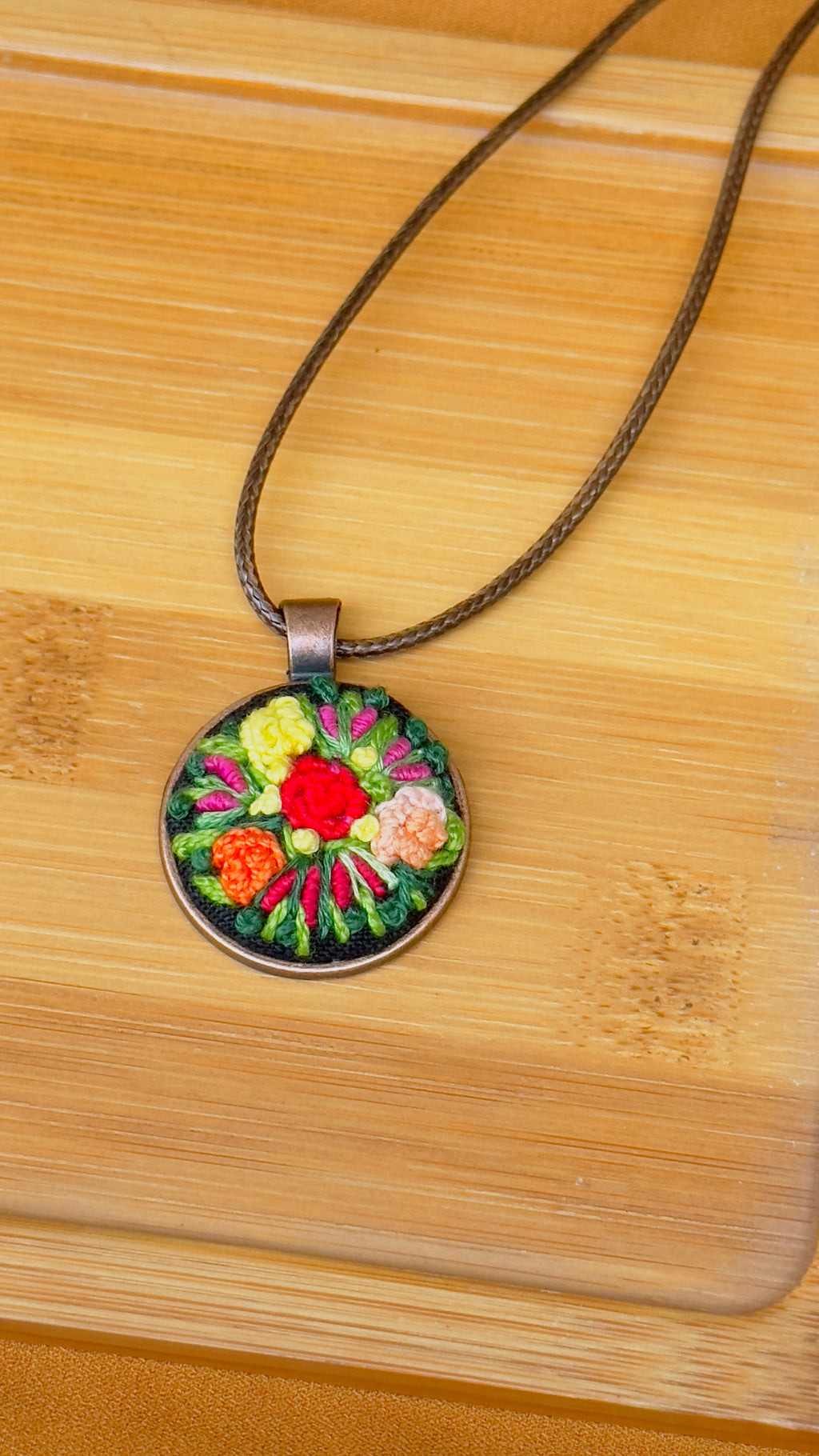Hand-Embroidered Floral Pendant | Vintage Style Jewelry
