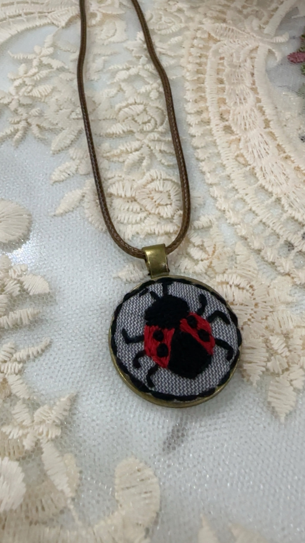 Lucky Ladybug Hand-Embroidered Kid-Friendly Pendant Necklace