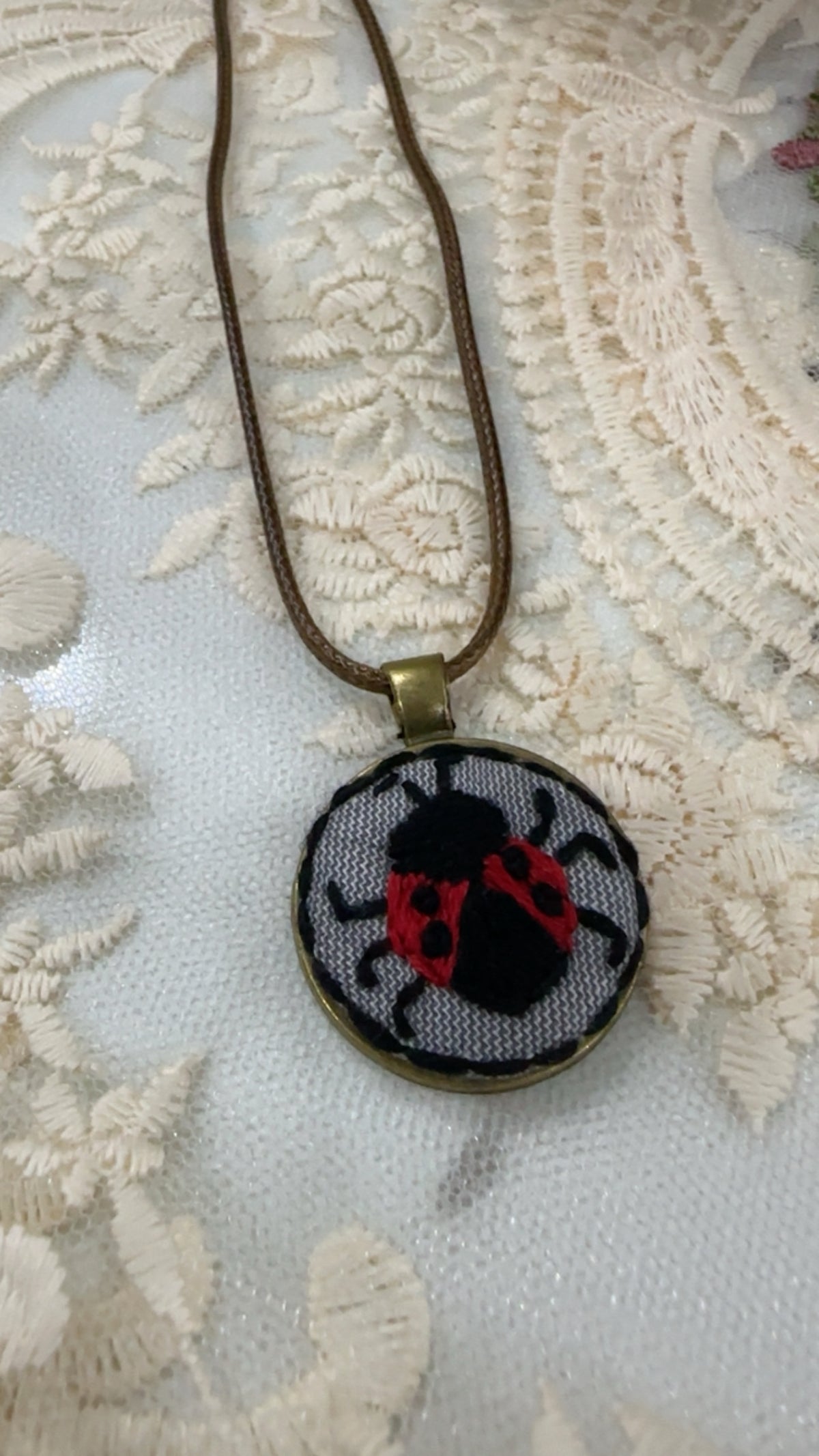 Lucky Ladybug Hand-Embroidered Kid-Friendly Pendant Necklace