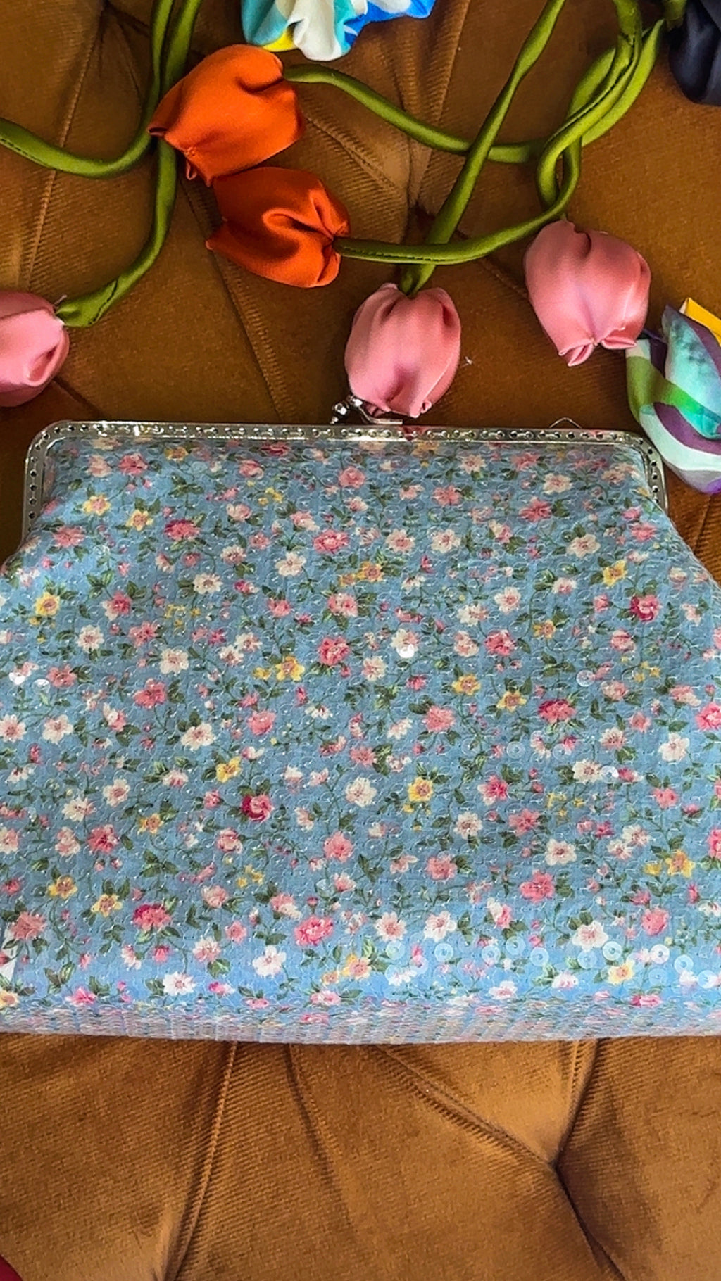 Azure Meadow: Handmade Floral Sequin Frame Clutch Bag