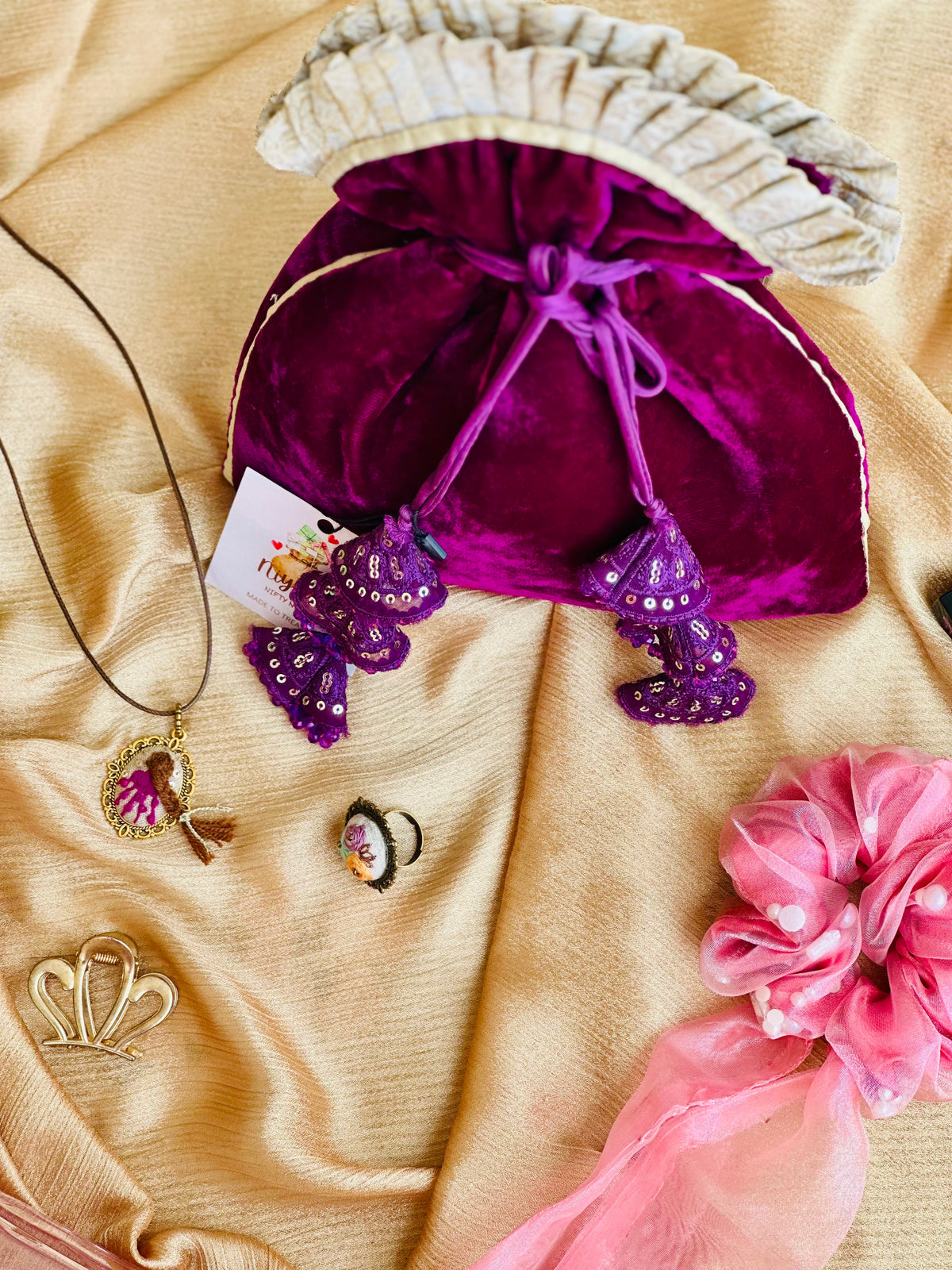 Neelofer Hand-Embellished Velvet Potli Bag with Tiered Jhumka Tassels – Royal Purple (Customizable)
