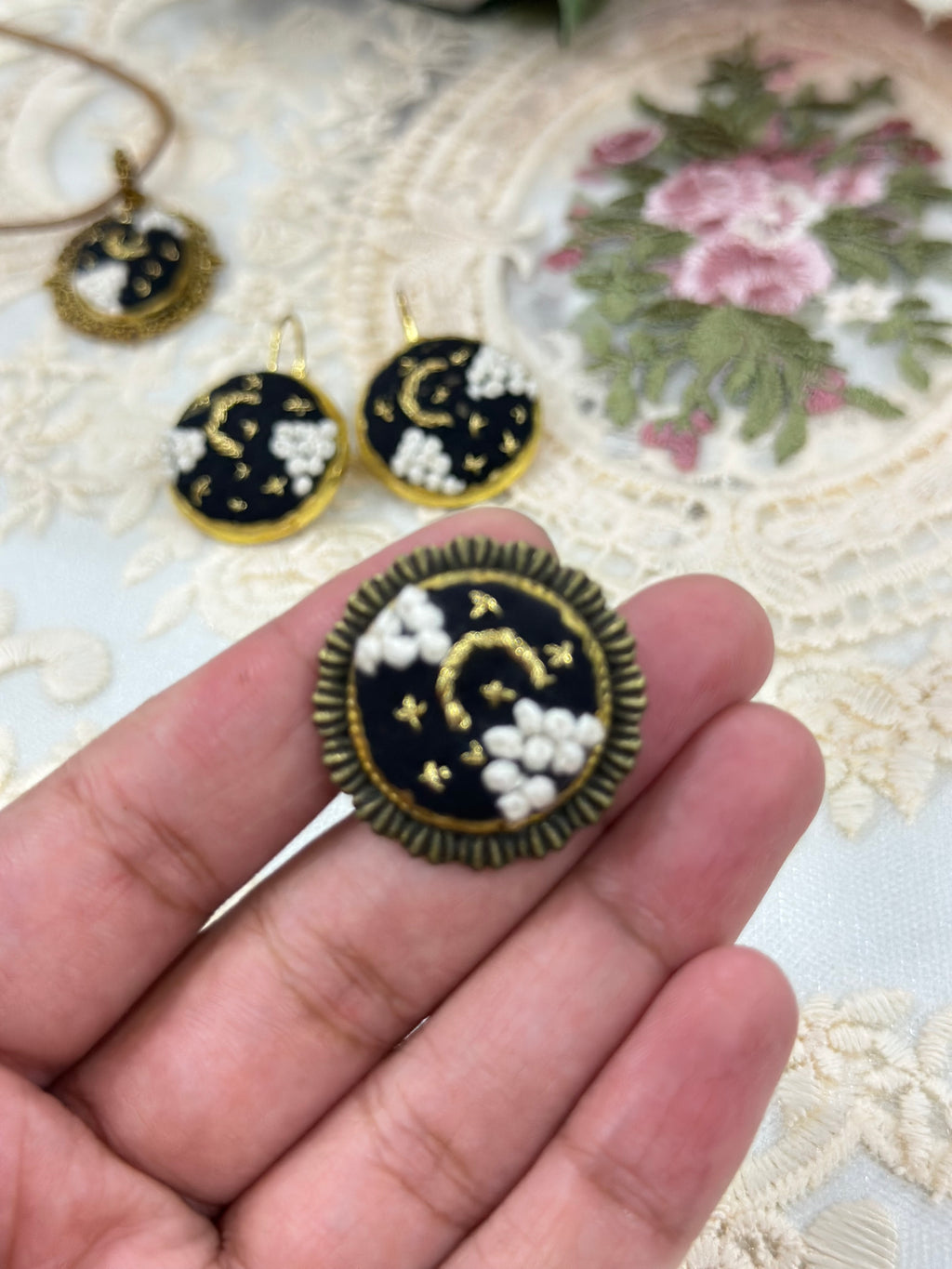 Midnight Stardust Hand-Embroidered Celestial Statement Ring